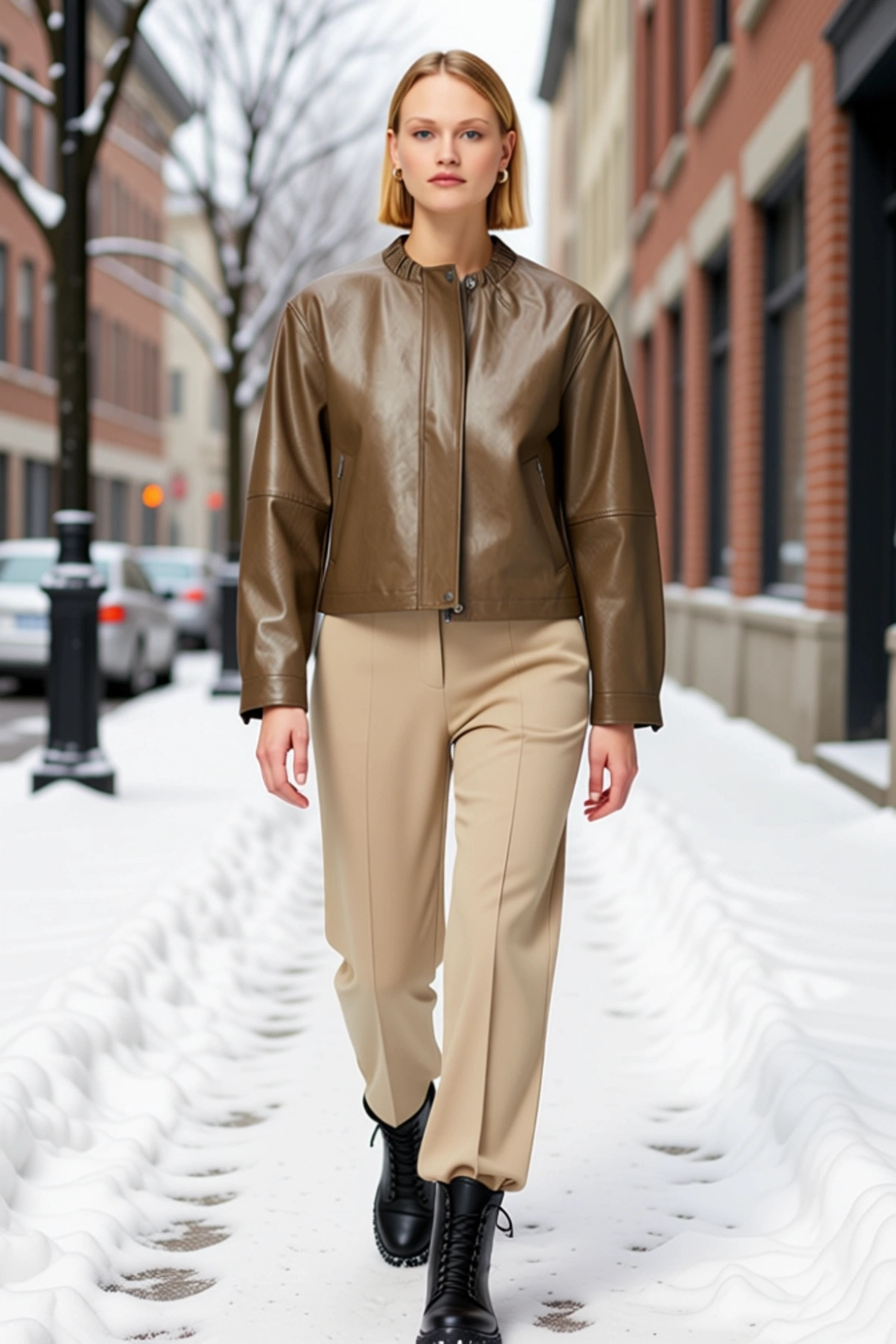 Alternative view of Kadın Hakim Yaka Düşük Kol Uzun Kollu Regular Kalıp Suni Deri İnce Ceket Fonksiyonel Rahat