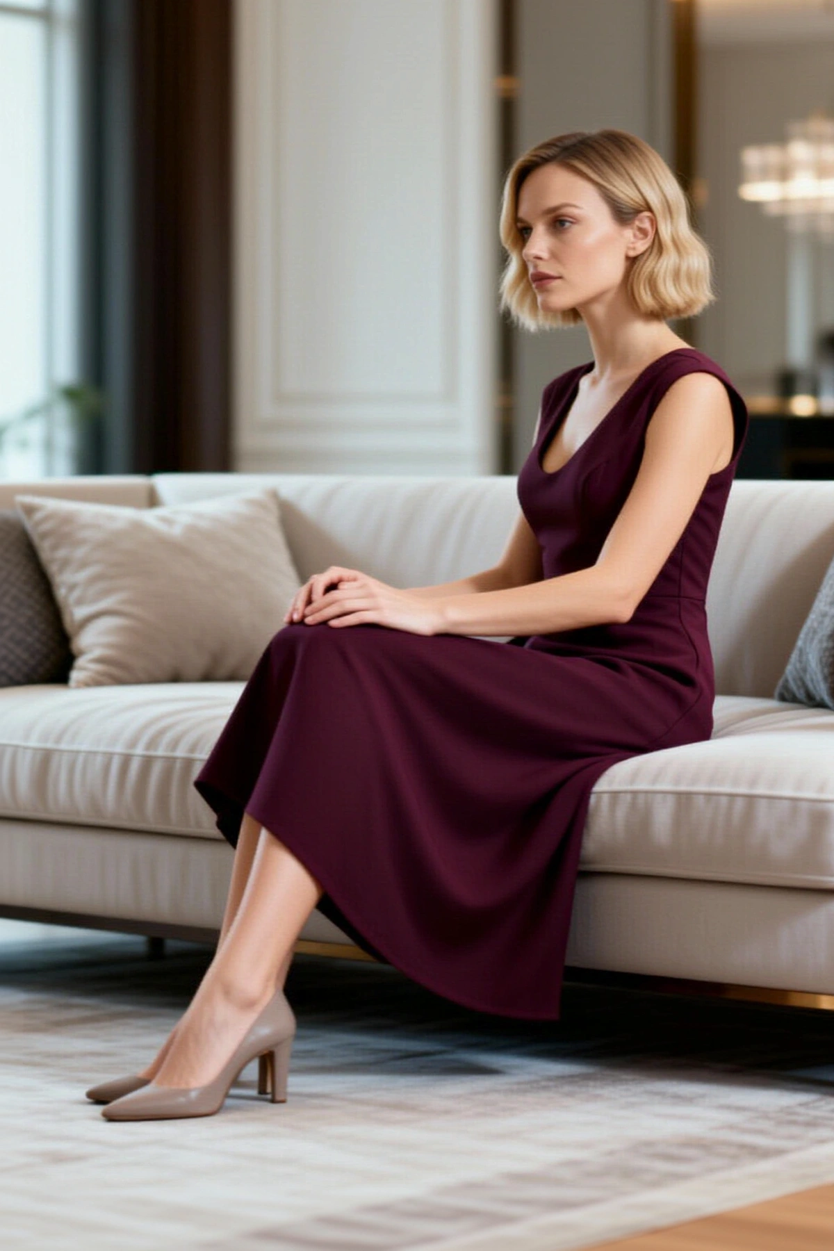 Kadın Midi Elbise A Kesim V Yaka Kolsuz Düz Desen Astarlı Dokuma Kumaş Günlük Kullanım Şık