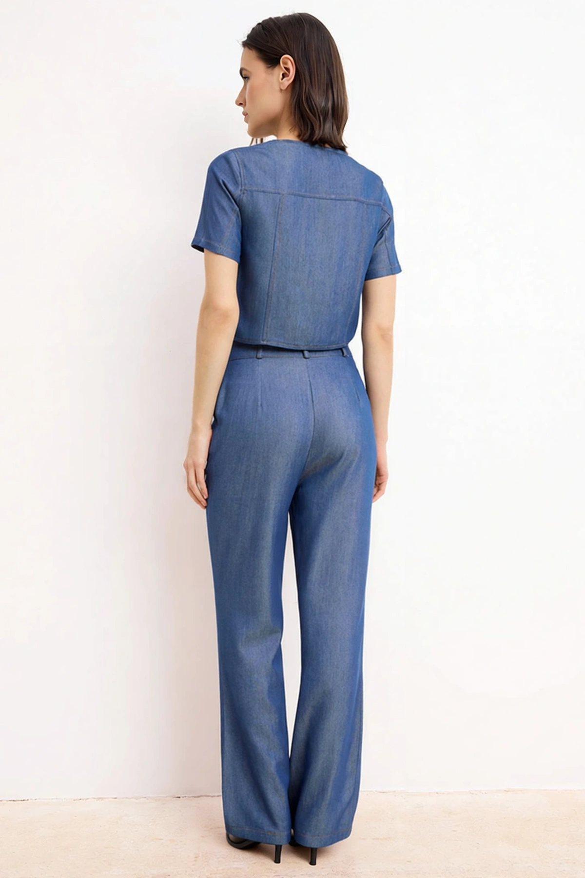 Kadın Büyük Beden Kısa Kollu Çift Düğmeli Gömlek Pantolon Dokuma Takım Rahat Kesim Günlük Modern