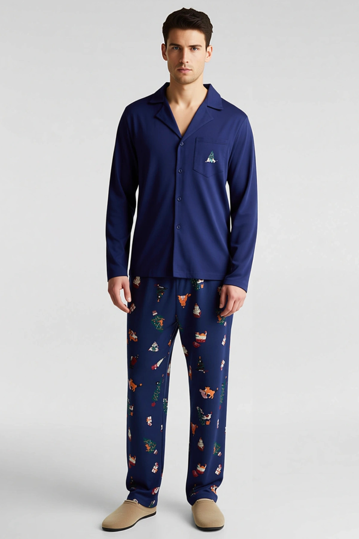 Erkek Bisiklet Yaka Uzun Kol Regular Fit Pijama Takımı Fonksiyonel Dayanıklı Şık %100 Pamuk