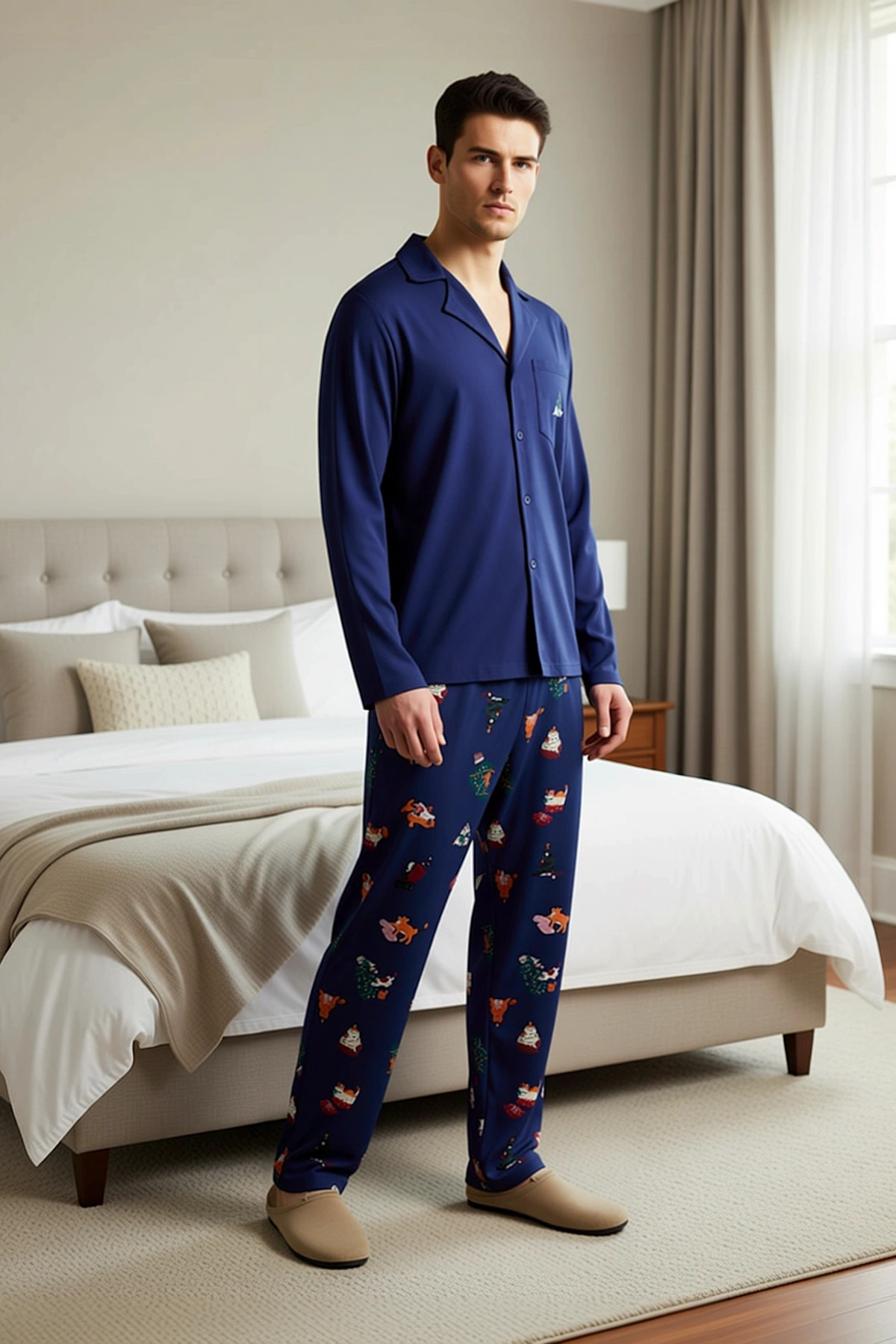 Erkek Bisiklet Yaka Uzun Kol Regular Fit Pijama Takımı Fonksiyonel Dayanıklı Şık %100 Pamuk