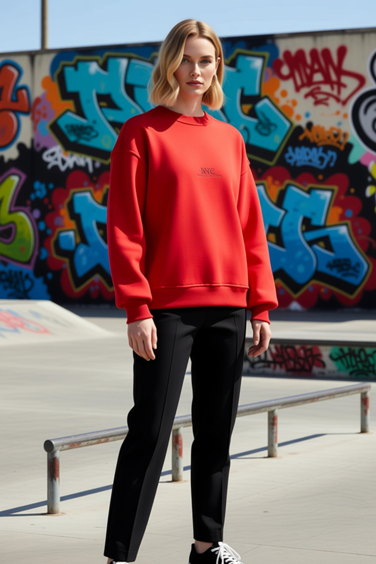 Kadın Bisiklet Yaka Düşük Kol Oversize Kalıp Nakışlı Sweatshirt Fonksiyonel Dayanıklı Spor