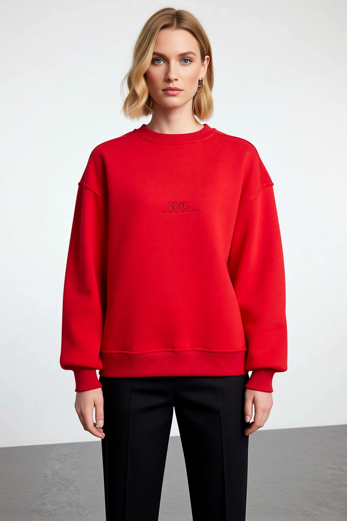 Kadın Bisiklet Yaka Düşük Kol Oversize Kalıp Nakışlı Sweatshirt Fonksiyonel Dayanıklı Spor