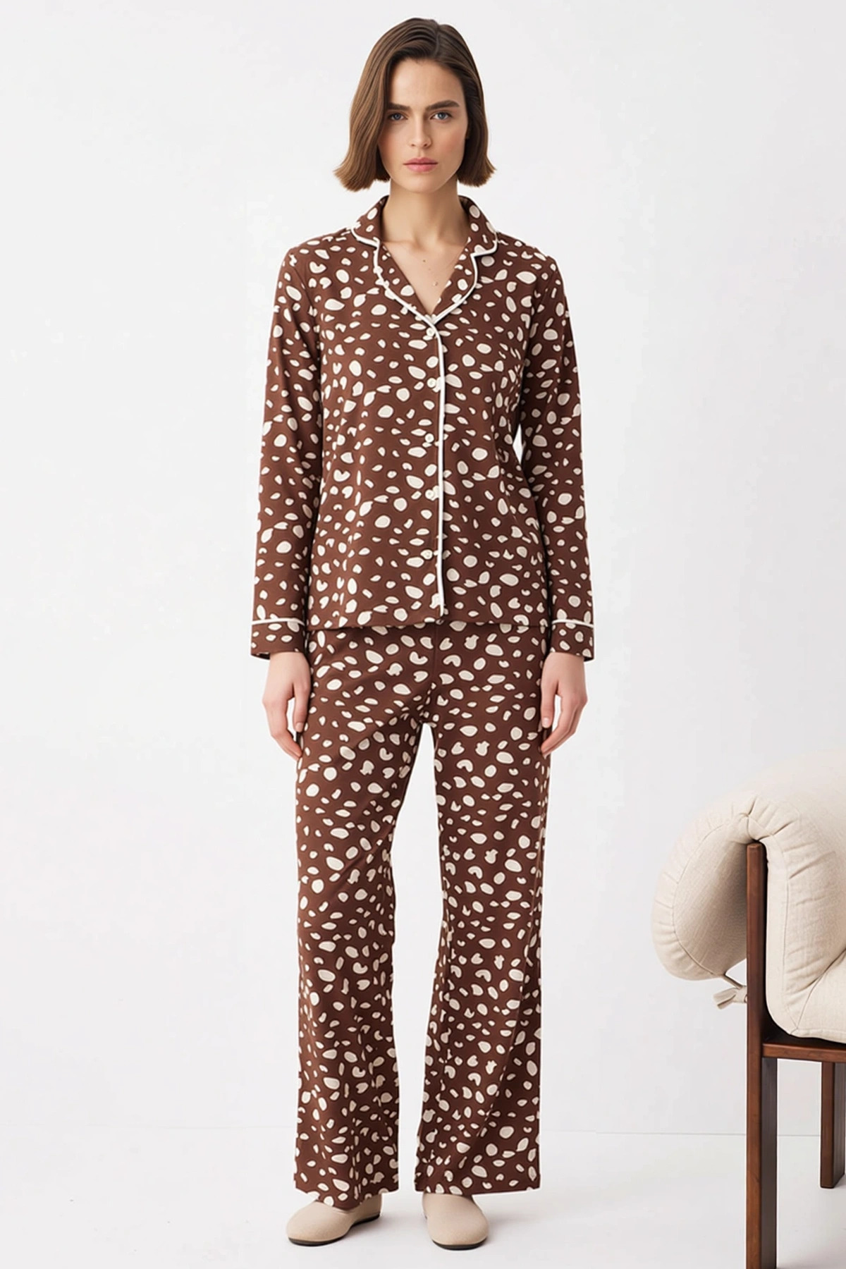 Kadın Gömlek Yaka Uzun Kol Fitted Kalıp Leopar Desenli Pijama Takımı Kaliteli
