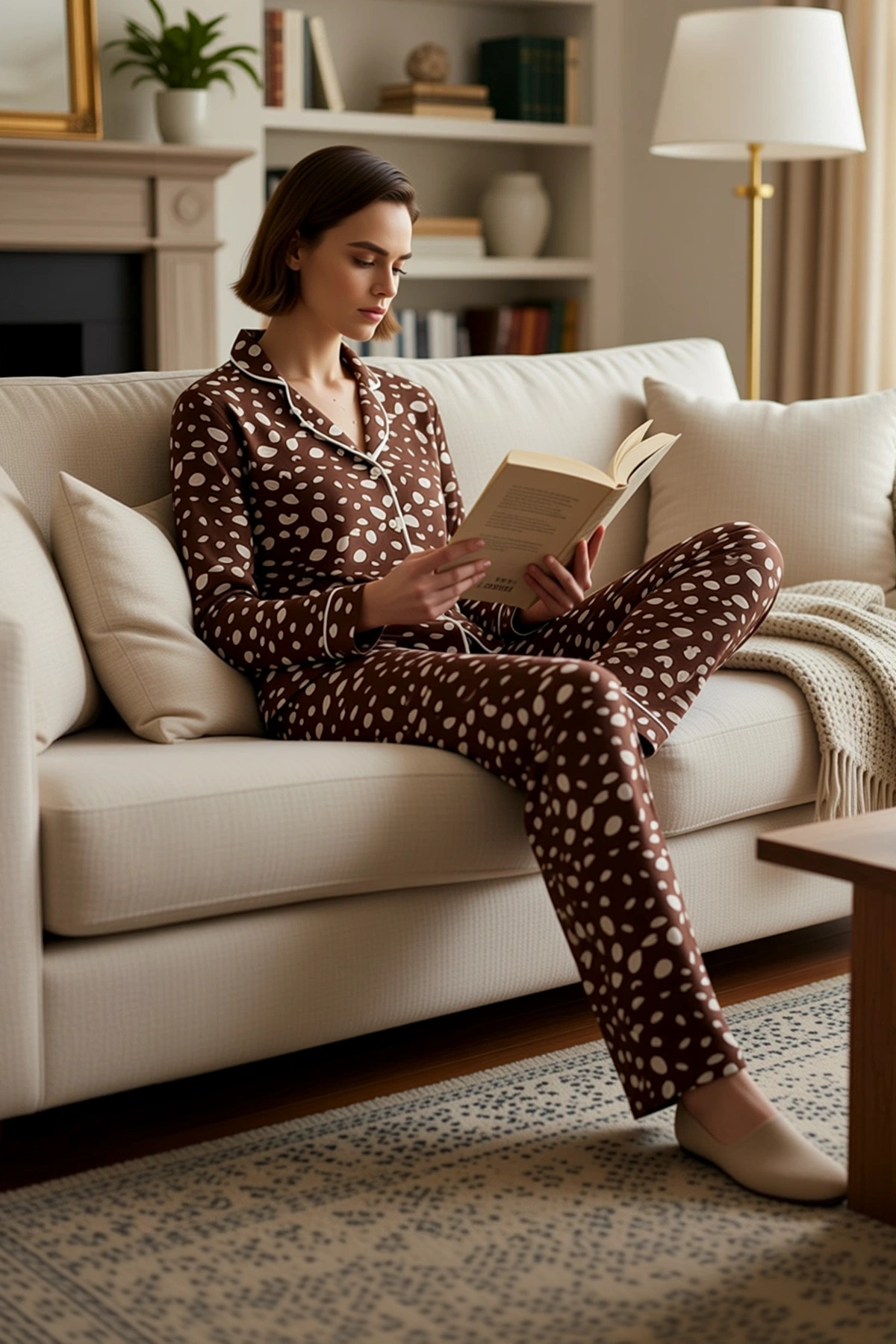 Kadın Gömlek Yaka Uzun Kol Fitted Kalıp Leopar Desenli Pijama Takımı Kaliteli