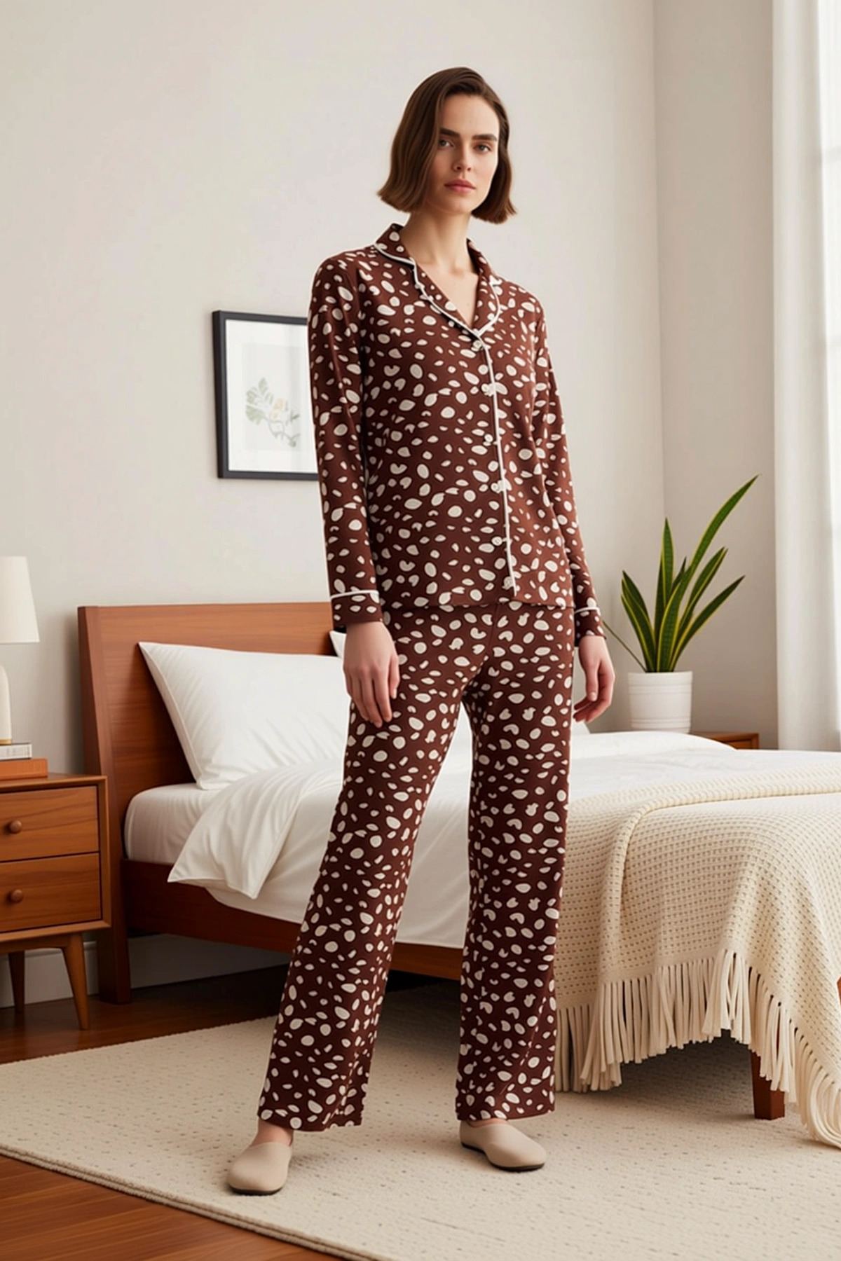 Kadın Gömlek Yaka Uzun Kol Fitted Kalıp Leopar Desenli Pijama Takımı Kaliteli