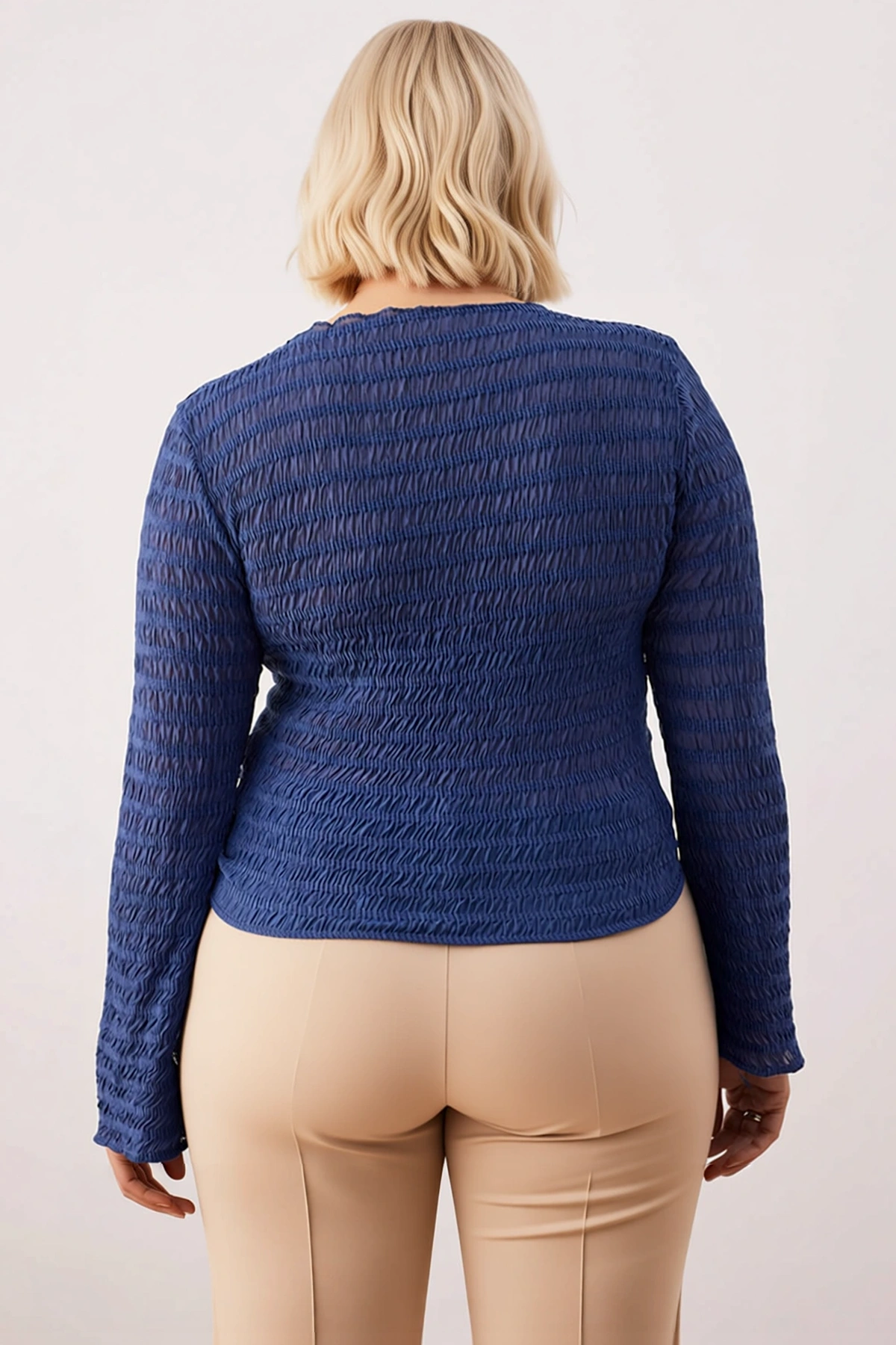 Kadın Büyük Beden Bluz Crop Boy V Yaka Uzun Standart Kol Örme Gofre Dokulu Kumaş Casual Günlük