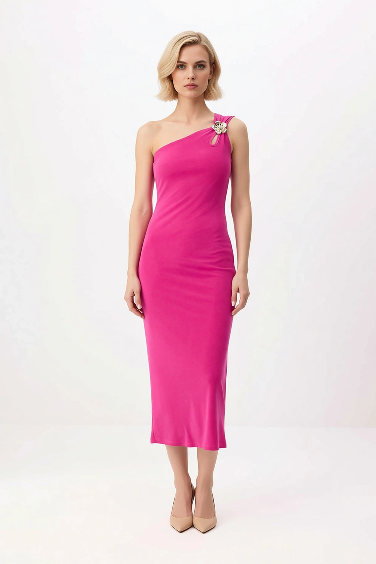 Kadın Asimetrik Yaka Tek Omuz Bodycon Midi Elbise Aksesuar Detaylı Esnek Örme Kumaş Günlük Rahat