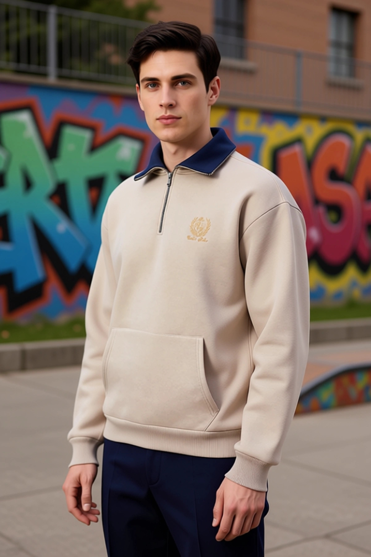 Erkek Fermuarlı Dik Yaka Düşük Kol Nakışlı Sweatshirt Fonksiyonel Dayanıklı Kaliteli Rahat