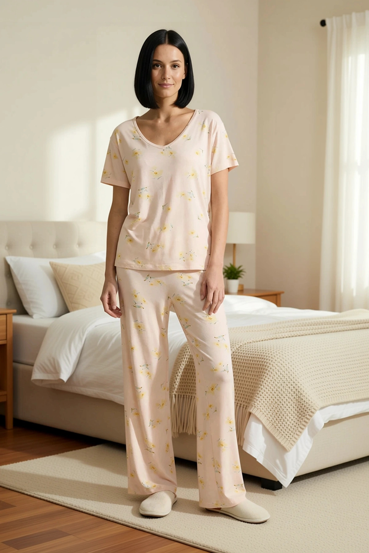 Kadın Çiçekli Süprem Örme Pijama Takımı V Yaka Standart Kol Regular Kalıp Dayanıklı