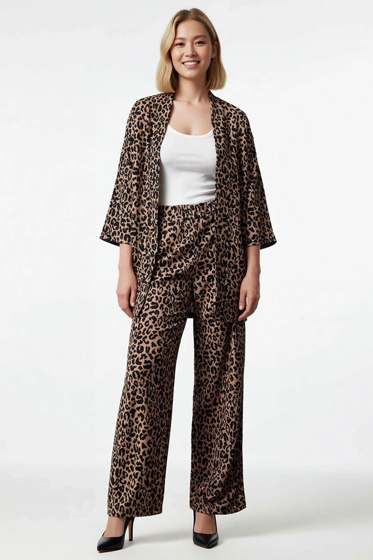 Kadın Büyük Beden Leopar Desenli Oversize Kimono Takım Geniş Paça Truvakor Kollu V Yaka Rahat Günlük