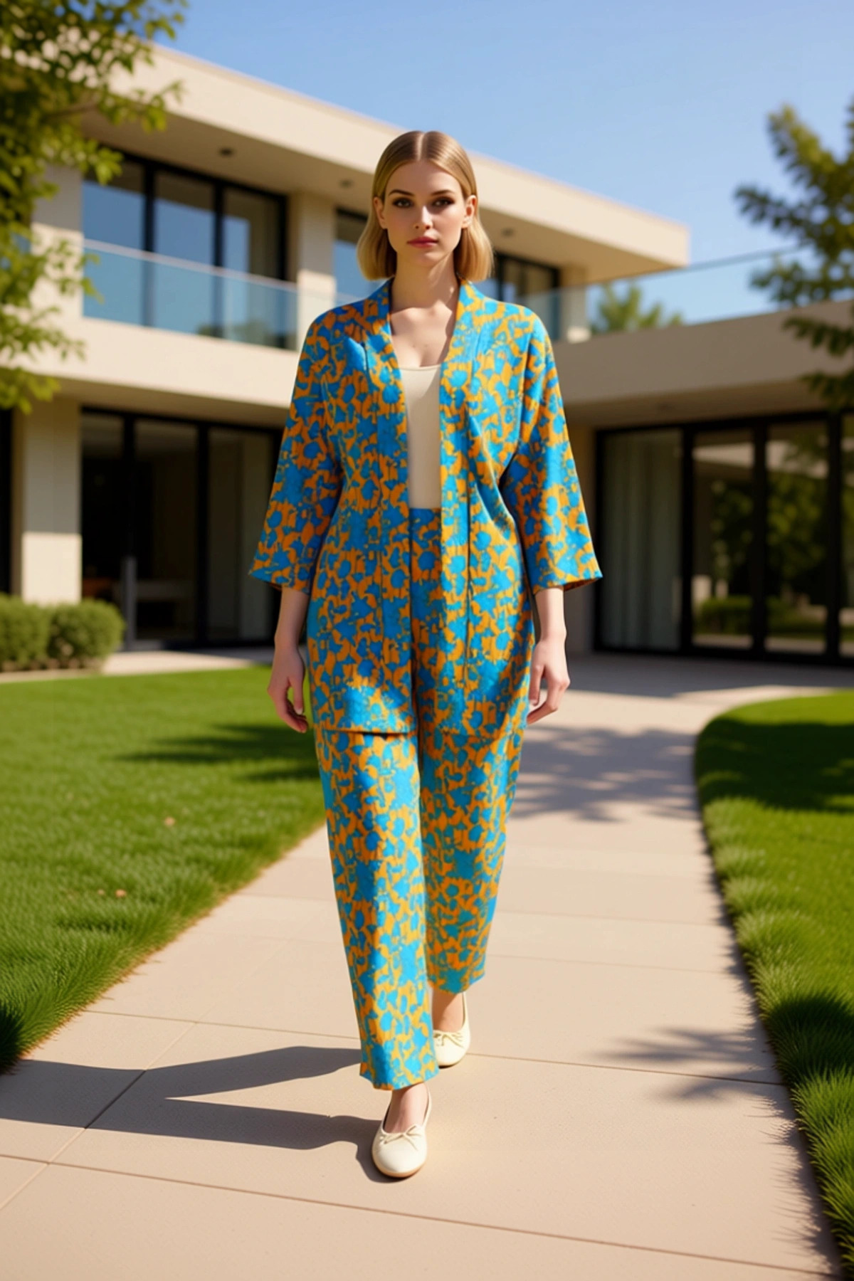 Kadın Büyük Beden Leopar Desenli Oversize Kimono Takım Geniş Paça Truvakor Kollu V Yaka Rahat Günlük