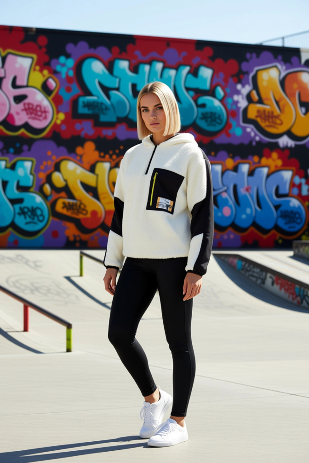 Kadın Dik Yaka Düşük Kol Renk Bloklu Peluş Sweatshirt Fonksiyonel Dayanıklı Kaliteli Rahat
