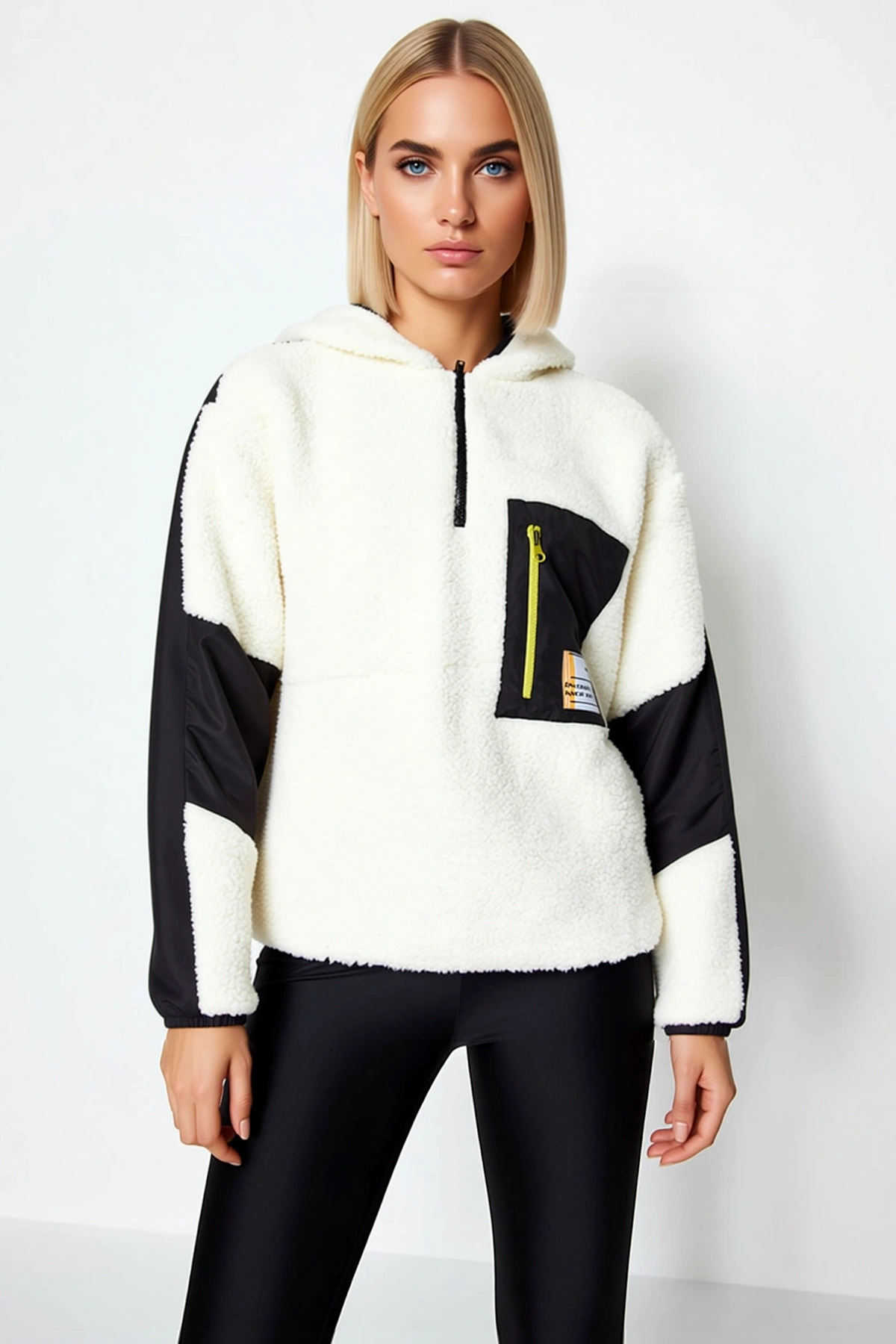 Kadın Dik Yaka Düşük Kol Renk Bloklu Peluş Sweatshirt Fonksiyonel Dayanıklı Kaliteli Rahat