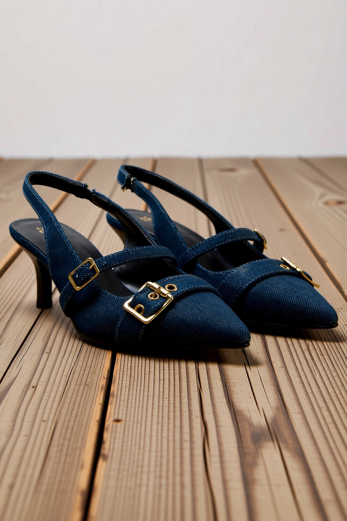 Kadın Sivri Burun Denim Toka Detaylı İnce Topuklu Klasik Ayakkabı Günlük Rahat Modern Şık Konforlu