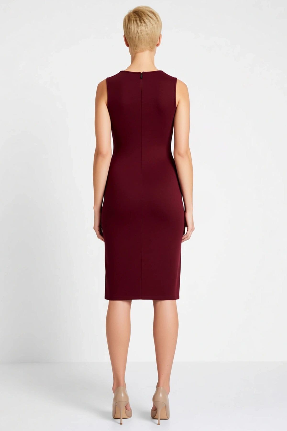 Kadın Bodycon Midi Elbise Havuz Yaka Kolsuz Aksesuar Detaylı Düz İnterlok Örme Kumaş Rahat