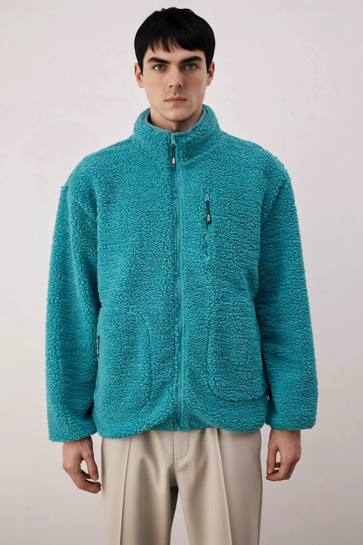 Erkek Dik Yaka Standart Kol Peluş Mont %100 Polyester Fonksiyonel Dayanıklı Kaliteli Rahat