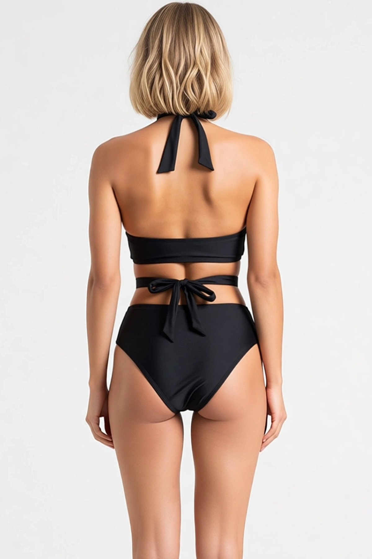 Kadın Bikini Takımı Bralette Halter Yaka Yüksek Bel Slip Kapsız Örme Kumaş Düz Desen Regular Kalıp