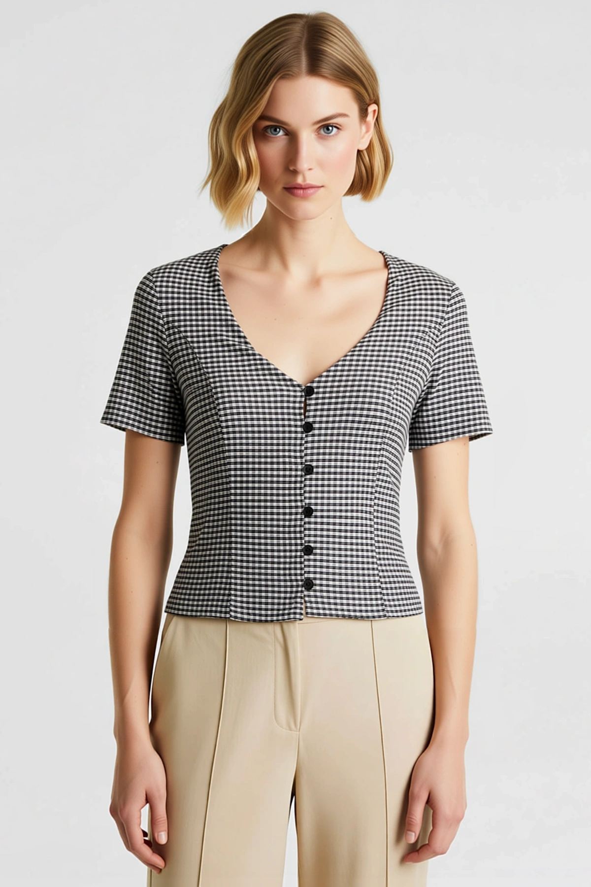 Kadın Bluz Crop V Yaka Kısa Kol Ekose Kareli Desen Düğmeli Fitted Kalıp Gofre Dokulu Örme Kumaş