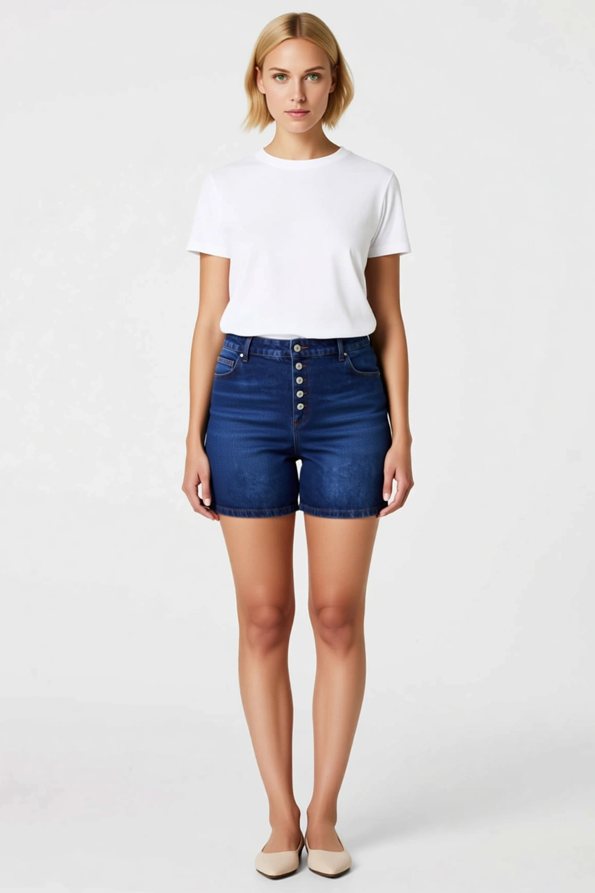 Kadın Mini Şort Yüksek Bel Lastik Detaylı Önden Düğmeli Düz Kesim Non Stretch Rigid Denim