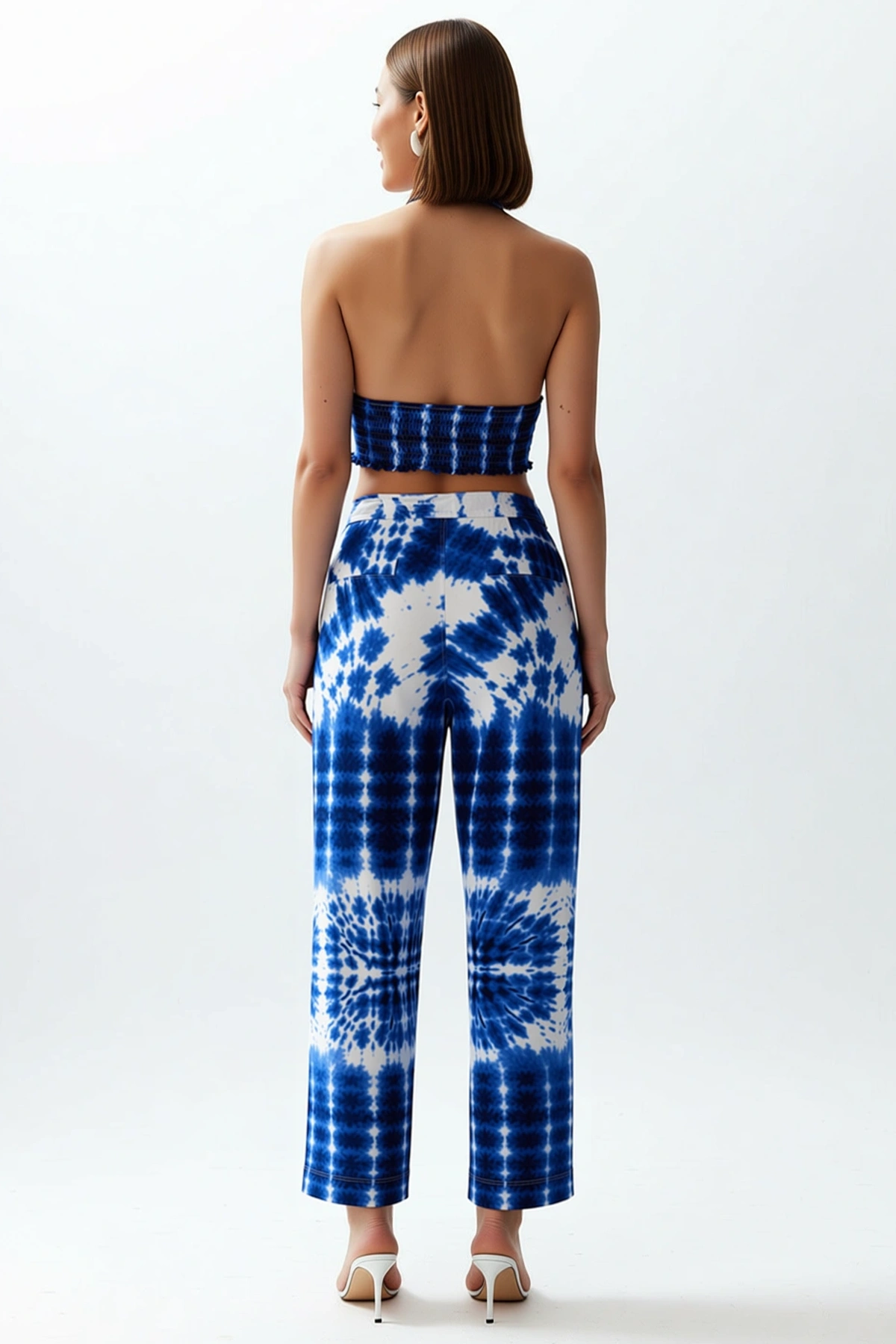 Kadın Büyük Beden Boyundan Bağlamalı Kolsuz Crop Top Geniş Paça Pantolon Plaj Takımı %100 Pamuk