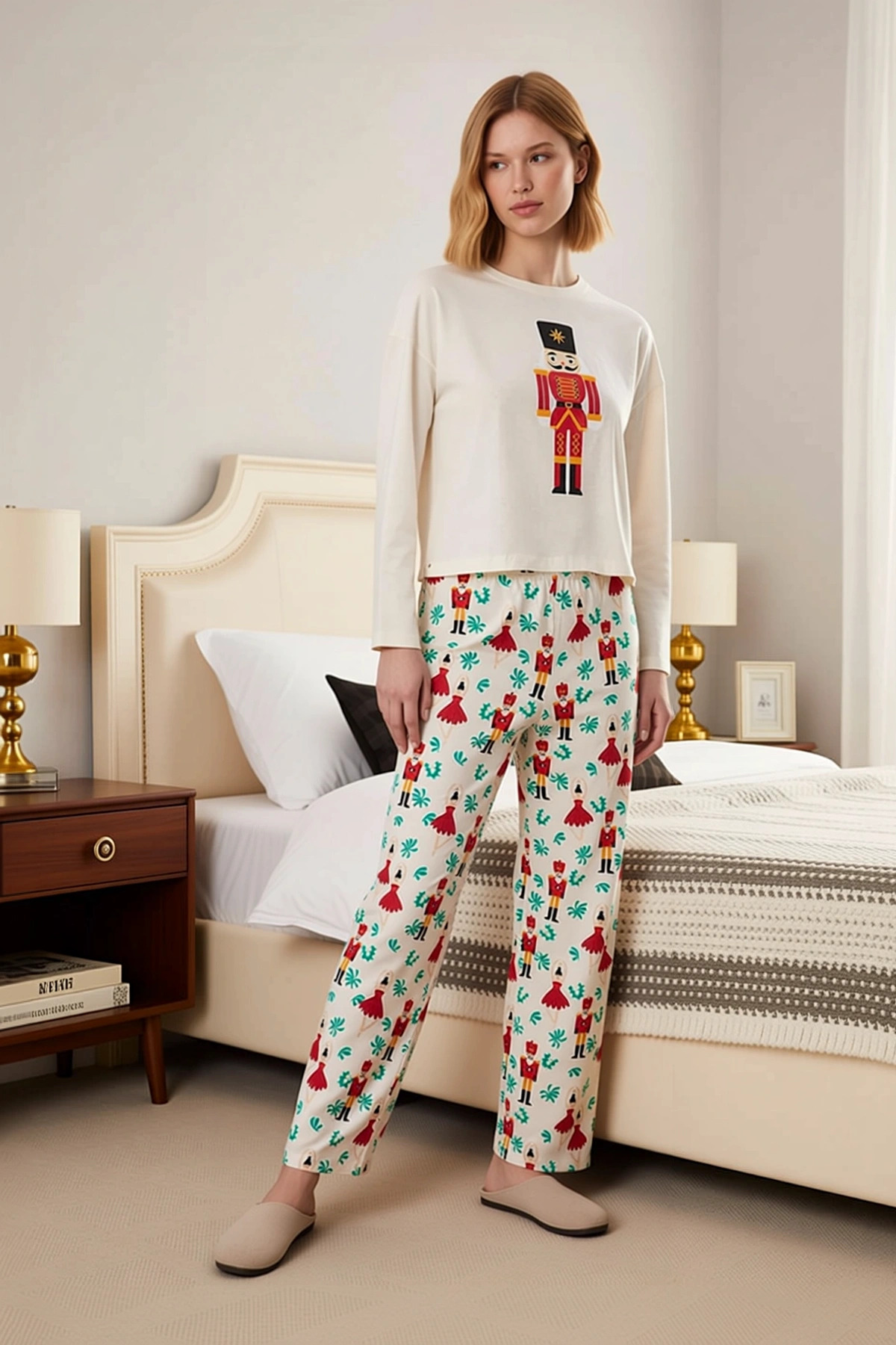 Kadın Bisiklet Yaka Düşük Kol Uzun Kollu Regular Kalıp Pijama Takımı Kaliteli