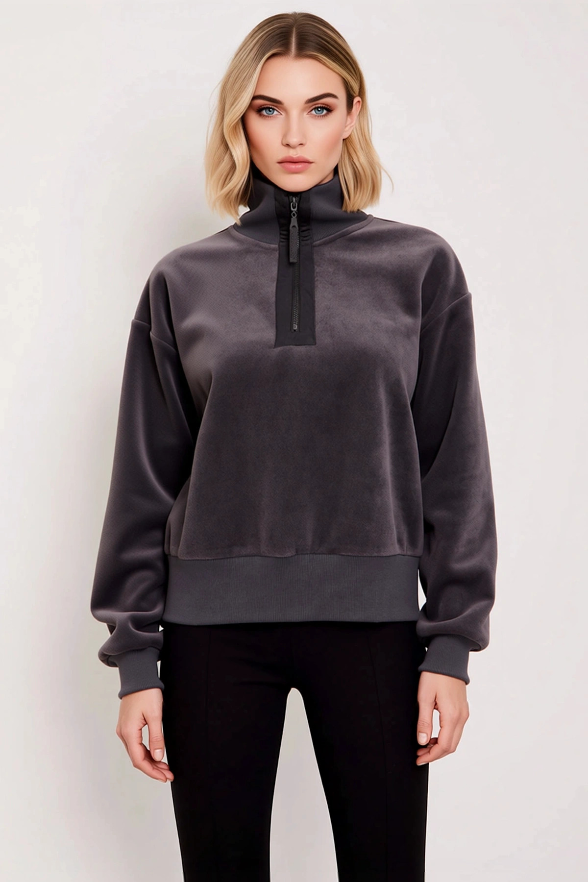 Kadın Dik Yaka Düşük Kol Fermuar Detaylı Polar Sweatshirt Fonksiyonel Dayanıklı Kaliteli Şık