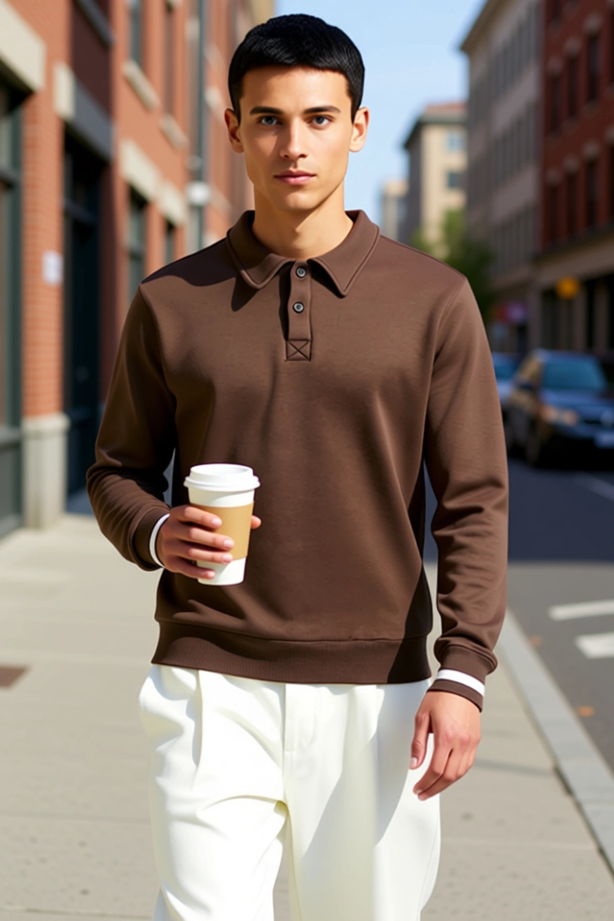 Alternative view of Erkek Polo Yaka Düğmeli Regular Kalıp Uzun Kollu Sweatshirt Fonksiyonel Dayanıklı Kaliteli