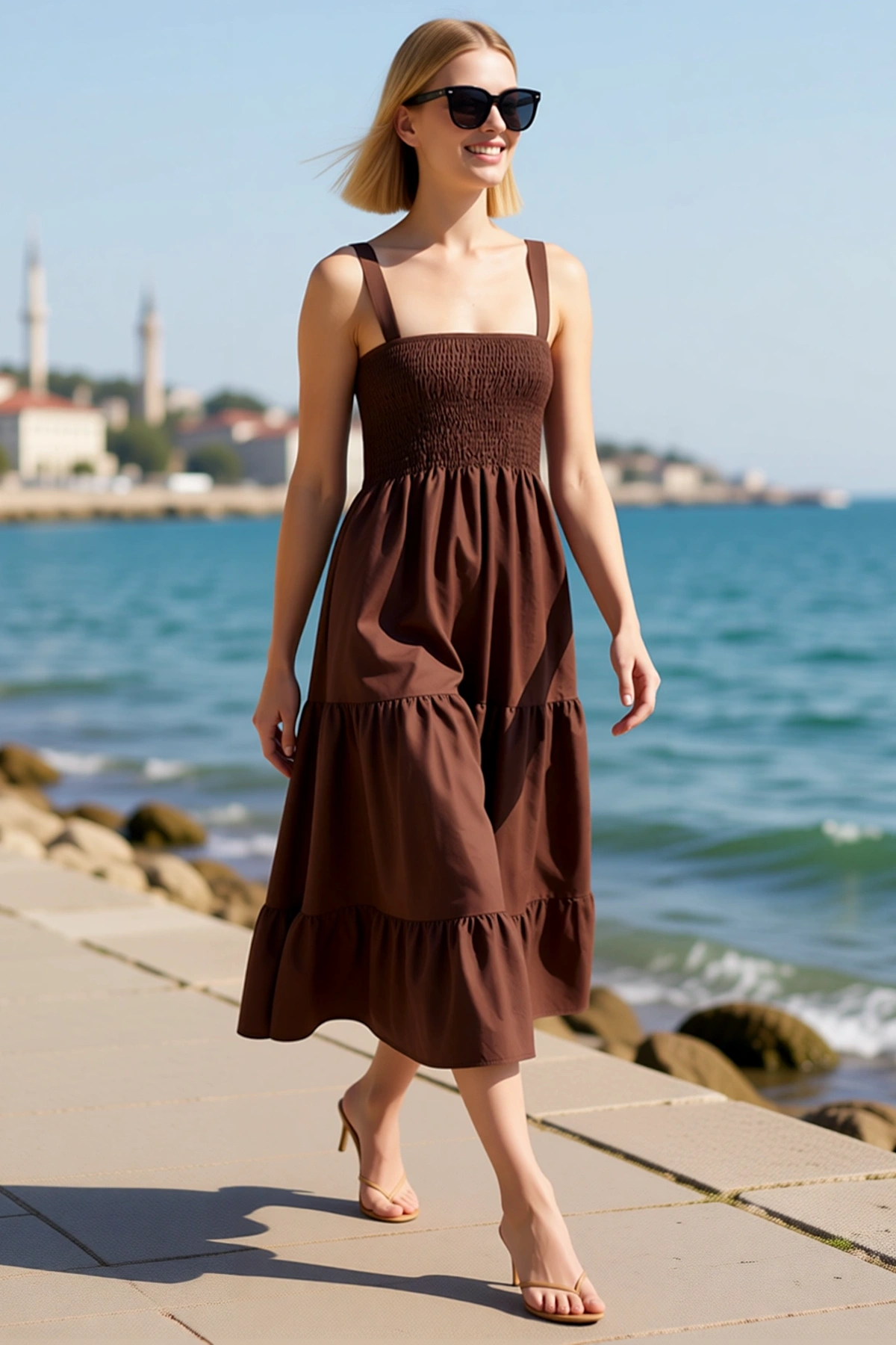 Kadın Kare Yaka Astarlı Maxi Elbise Gipeli Belden Açılan Eteği Kalın Askılı Rahat Günlük Modern