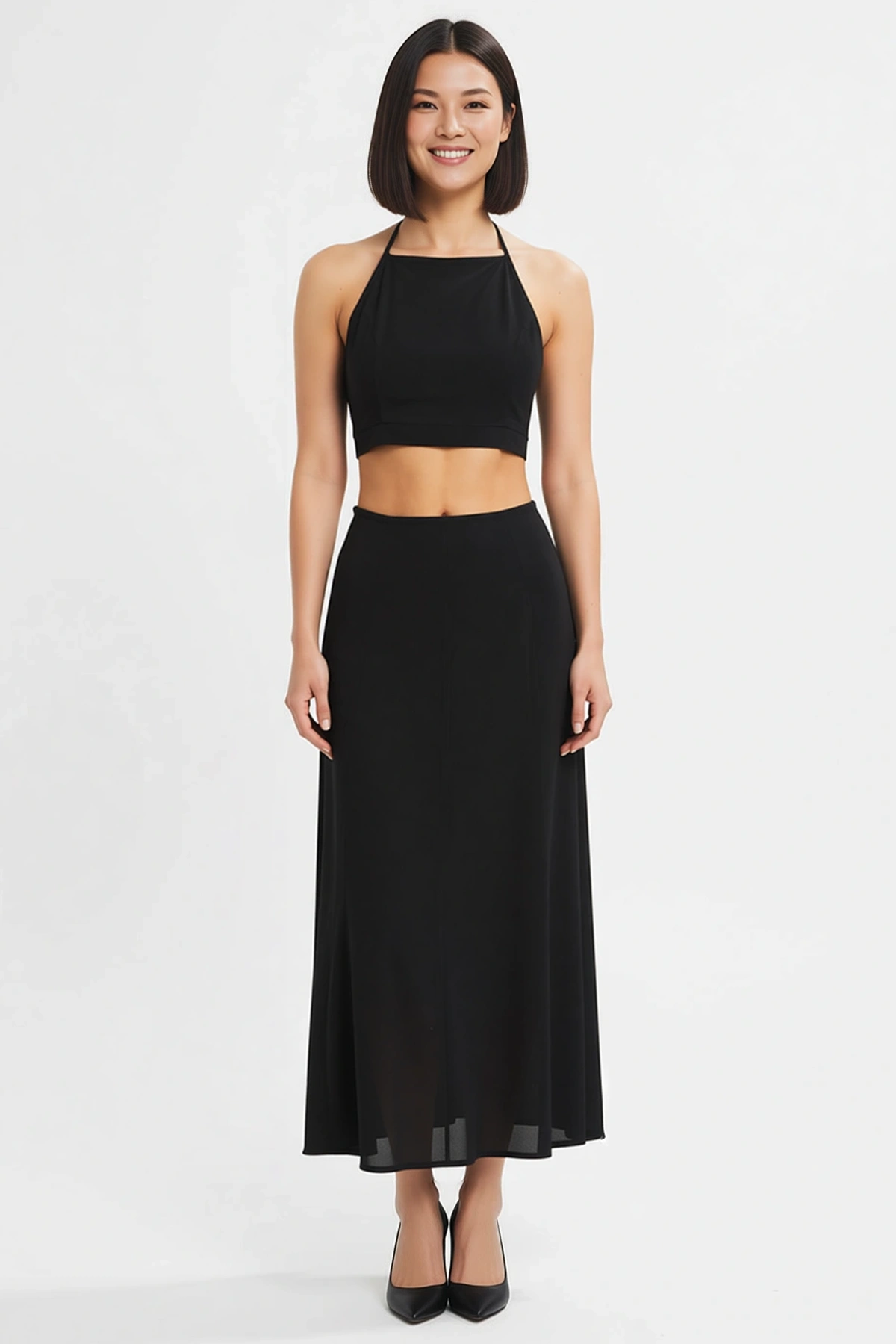 Kadın Halter Yaka Kolsuz Crop Top Uzun Etek Takımı %100 Viskoz Dokuma Plaj Giyimi Günlük Rahat Şık