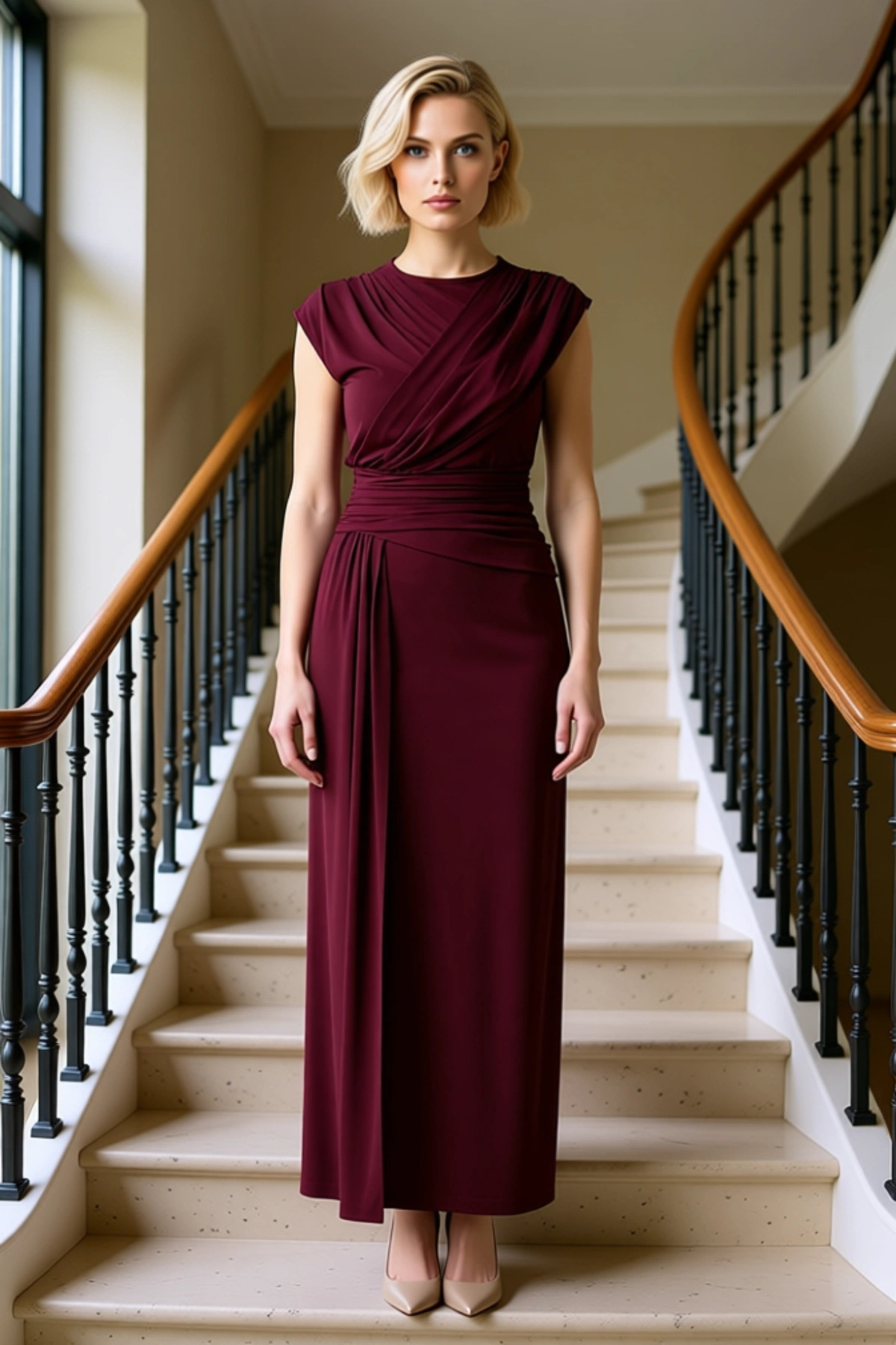 Kadın Kolsuz Bisiklet Yaka Vücuda Oturan Maxi Elbise Büzgülü Drape Detaylı Uzun Gece Abiye Günlük