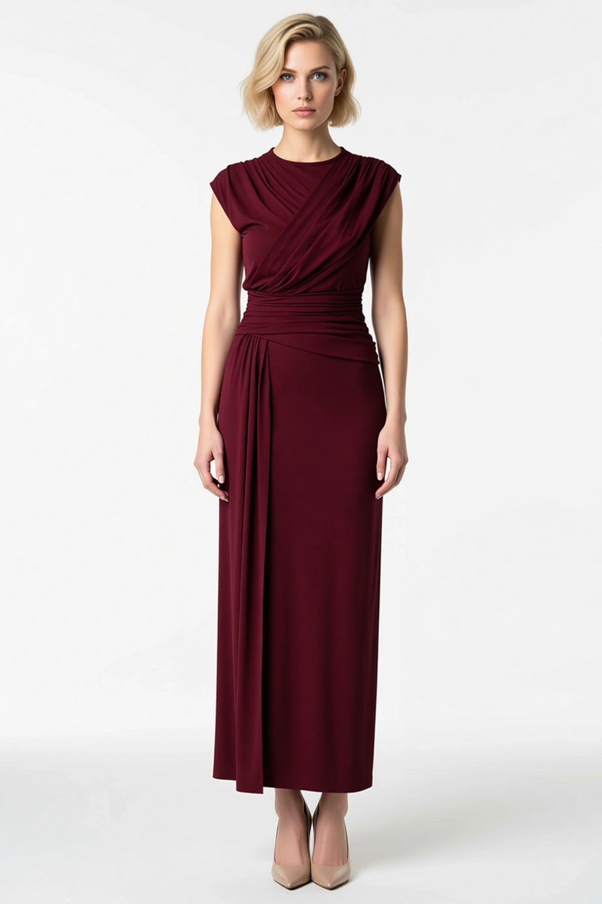 Kadın Kolsuz Bisiklet Yaka Vücuda Oturan Maxi Elbise Büzgülü Drape Detaylı Uzun Gece Abiye Günlük