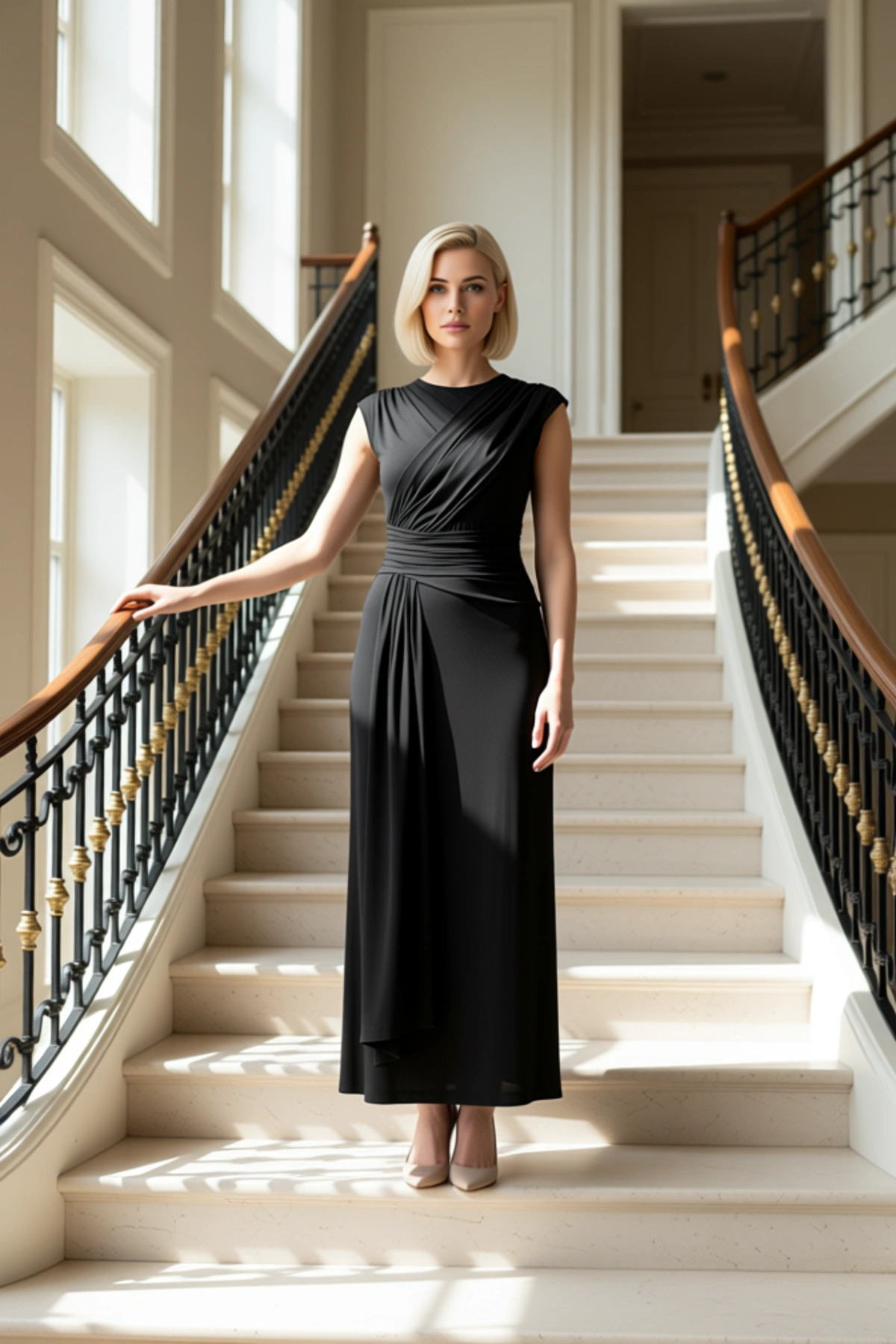 Kadın Kolsuz Bisiklet Yaka Vücuda Oturan Maxi Elbise Büzgülü Drape Detaylı Uzun Gece Abiye Günlük