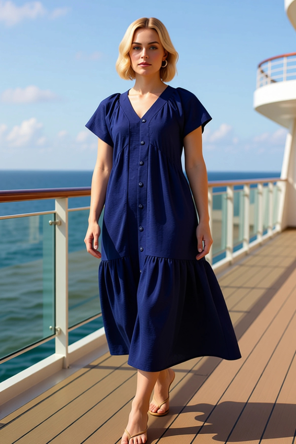 Alternative view of Kadın V Yaka Reglan Kol Kısa Kol Midi A line Kalıp Düz Desen Aerobin Dokuma Elbise Estetik