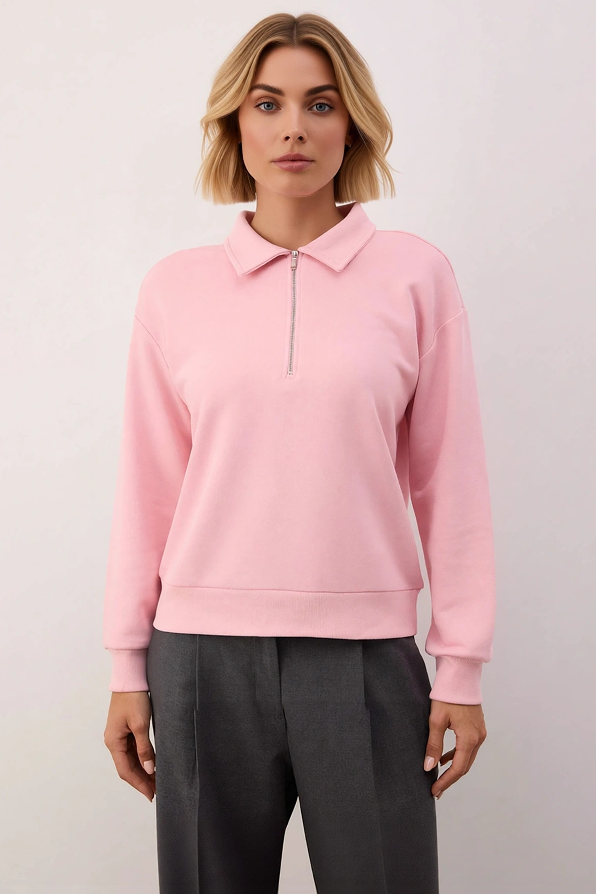 Kadın Polo Yaka Düşük Kol Fermuarlı Regular Kalıp Örme Sweatshirt Fonksiyonel Dayanıklı Şık
