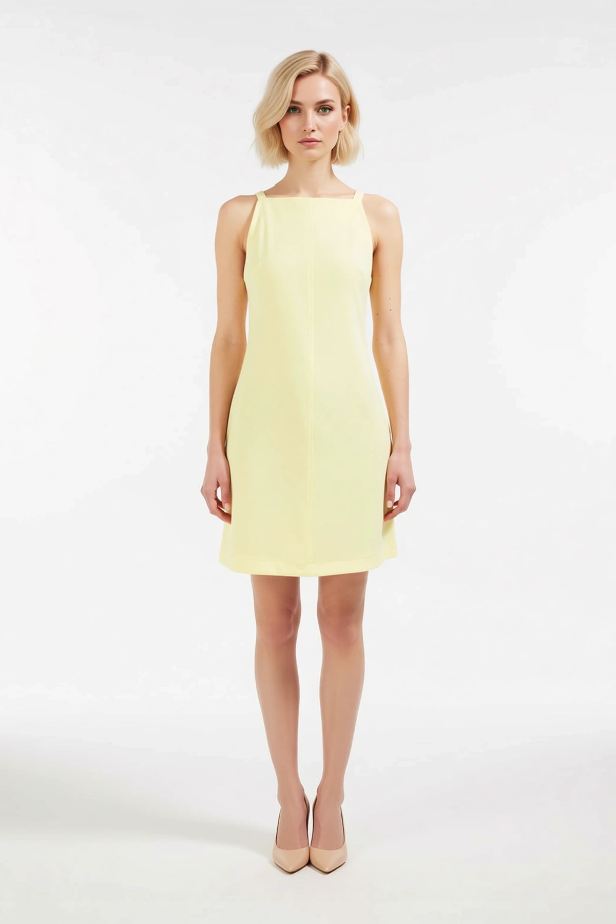 Kadın Kolsuz Halter Yaka Mini Bodycon Elbise Dikiş Detaylı Astarsız Dokuma Kesim Günlük Rahat Modern