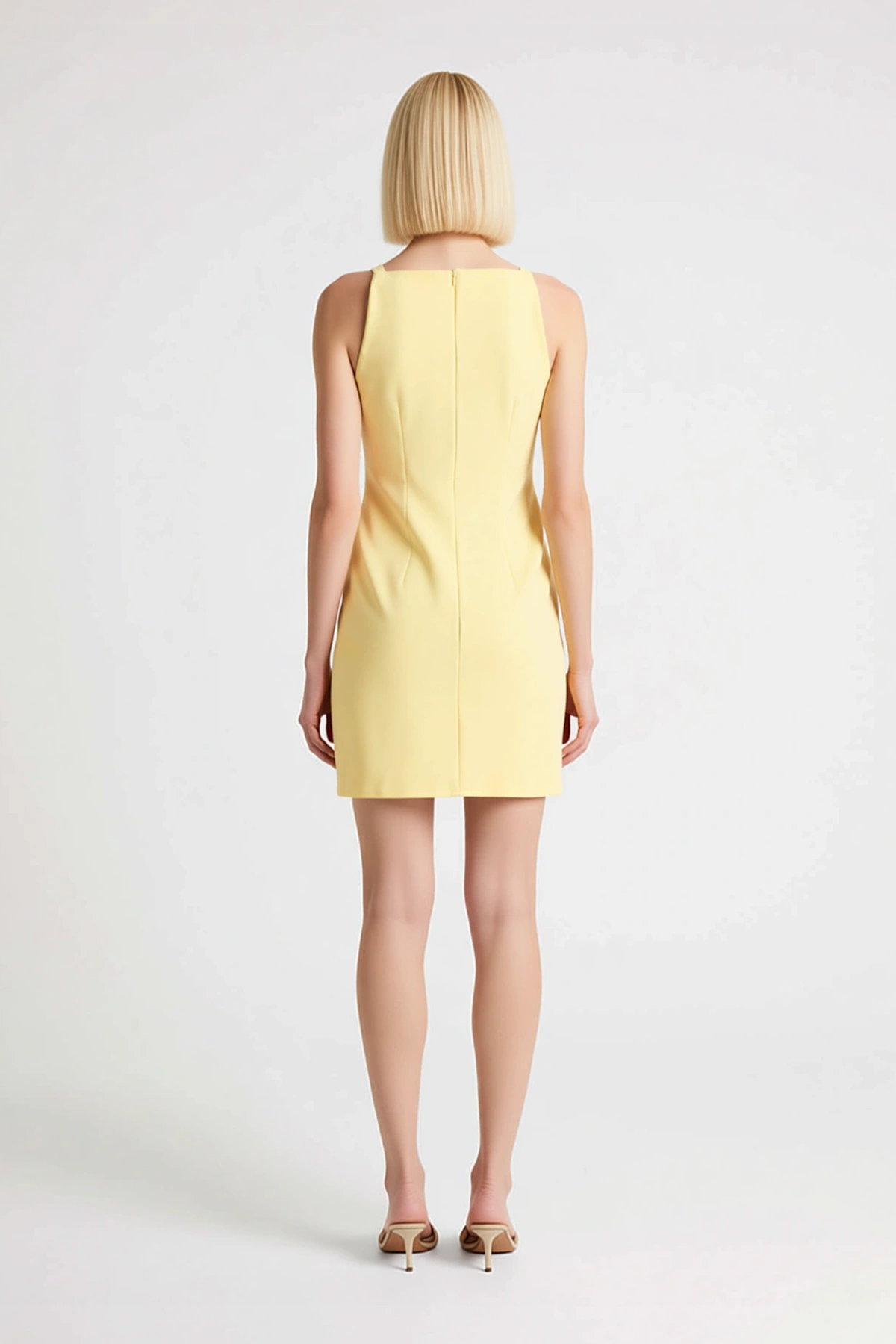 Kadın Kolsuz Halter Yaka Mini Bodycon Elbise Dikiş Detaylı Astarsız Dokuma Kesim Günlük Rahat Modern
