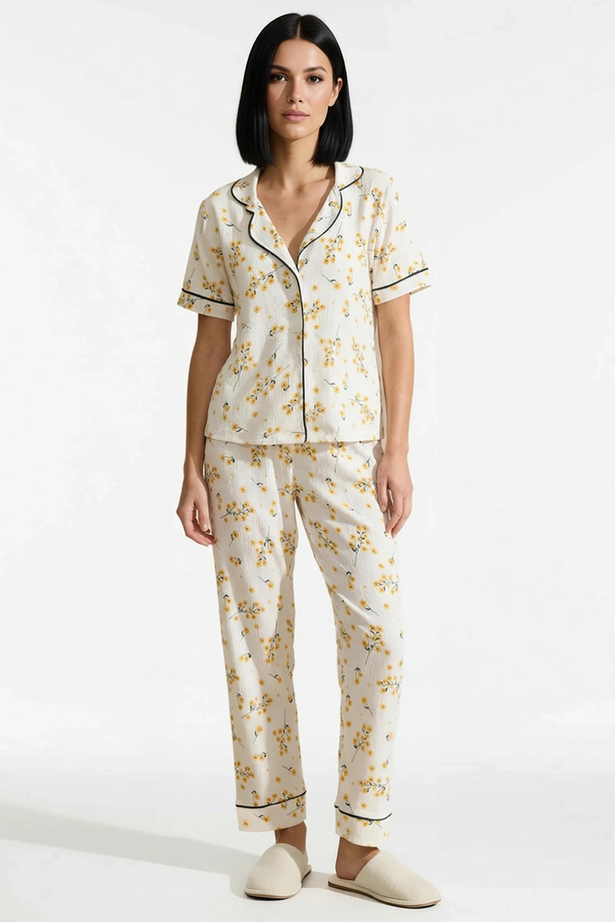Kadın Gömlek Yaka Standart Kol Regular Kalıp Bürümcük Dokulu Örme Pijama Takımı Fonksiyonel