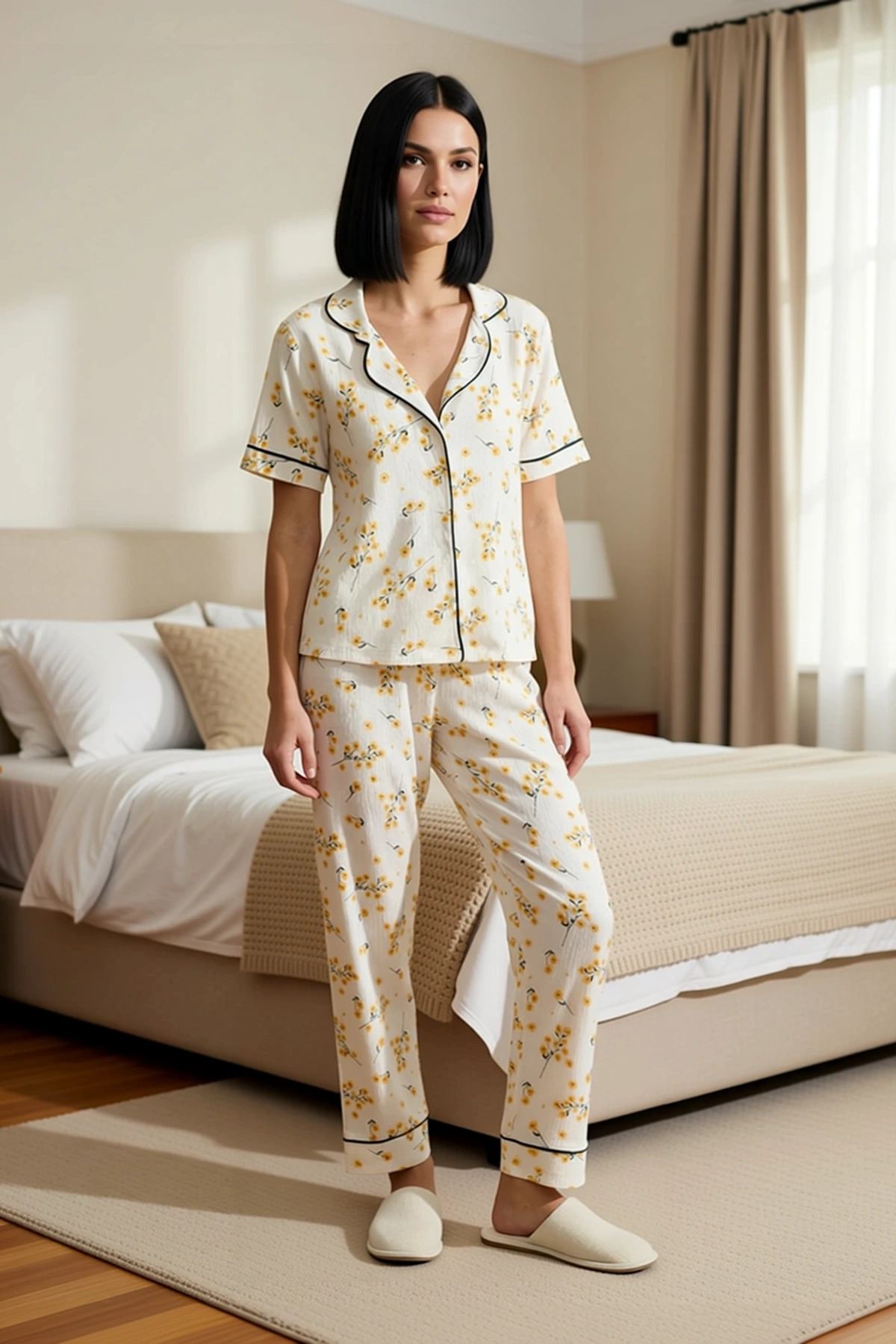 Kadın Gömlek Yaka Standart Kol Regular Kalıp Bürümcük Dokulu Örme Pijama Takımı Fonksiyonel