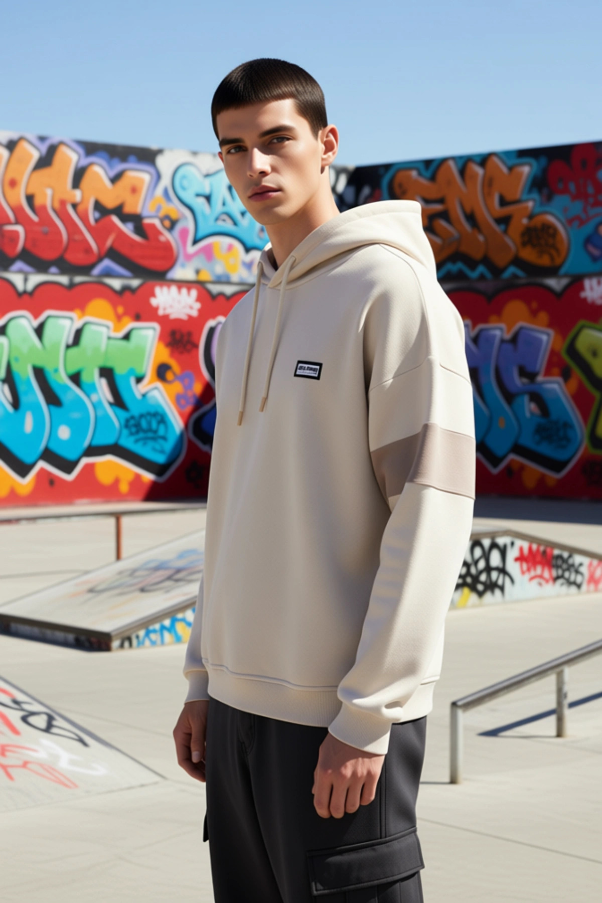 Erkek Kapüşonlu Standart Kol Renk Bloklu Oversize Kalıp Sweatshirt Fonksiyonel Dayanıklı Şık