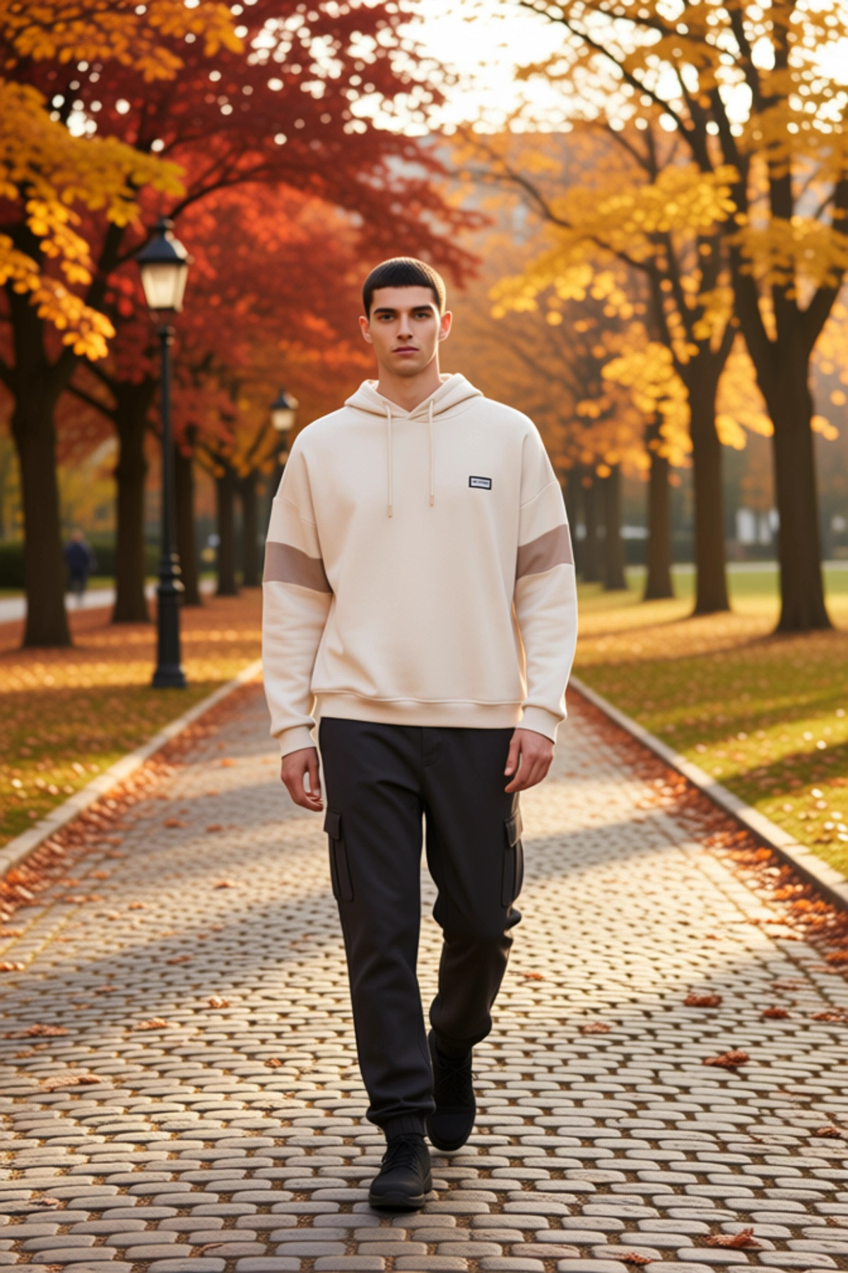 Erkek Kapüşonlu Standart Kol Renk Bloklu Oversize Kalıp Sweatshirt Fonksiyonel Dayanıklı Şık