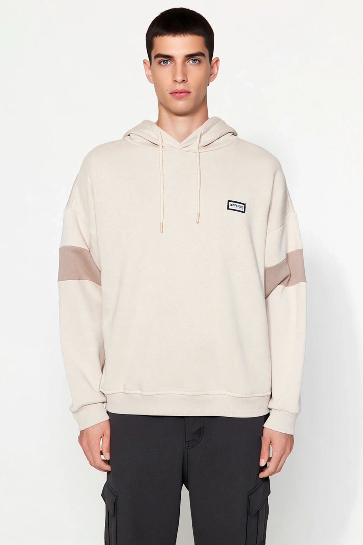 Erkek Kapüşonlu Standart Kol Renk Bloklu Oversize Kalıp Sweatshirt Fonksiyonel Dayanıklı Şık