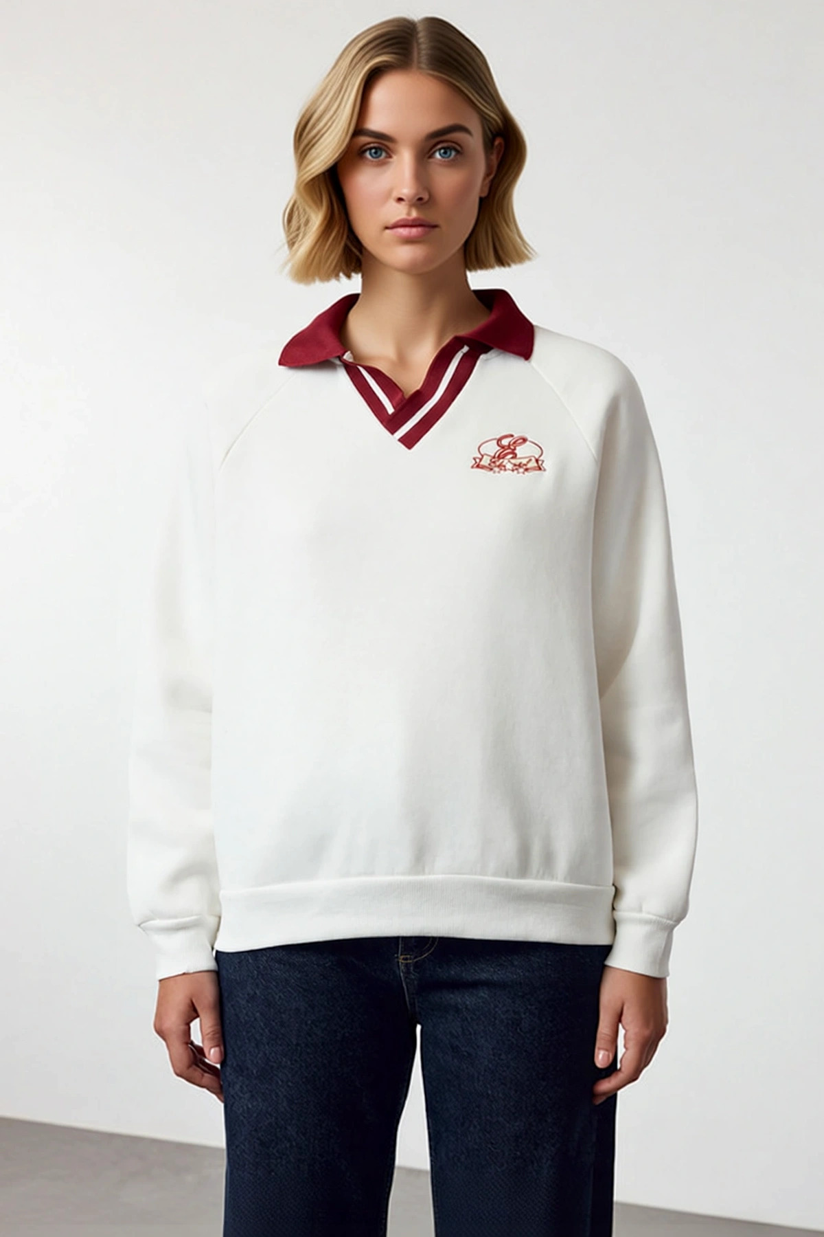 Kadın Polo Yaka Düşük Kol Örme Sweatshirt Fonksiyonel Dayanıklı Kaliteli Konforlu Estetik Şık