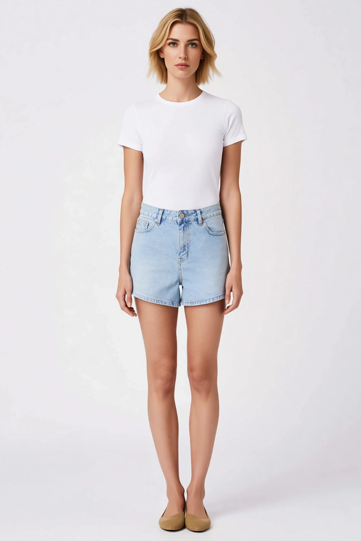 Kadın Şort Yüksek Bel Geniş Paça Düz Desen Denim City Short Rahat Kesim Yazlık Kısa Şık