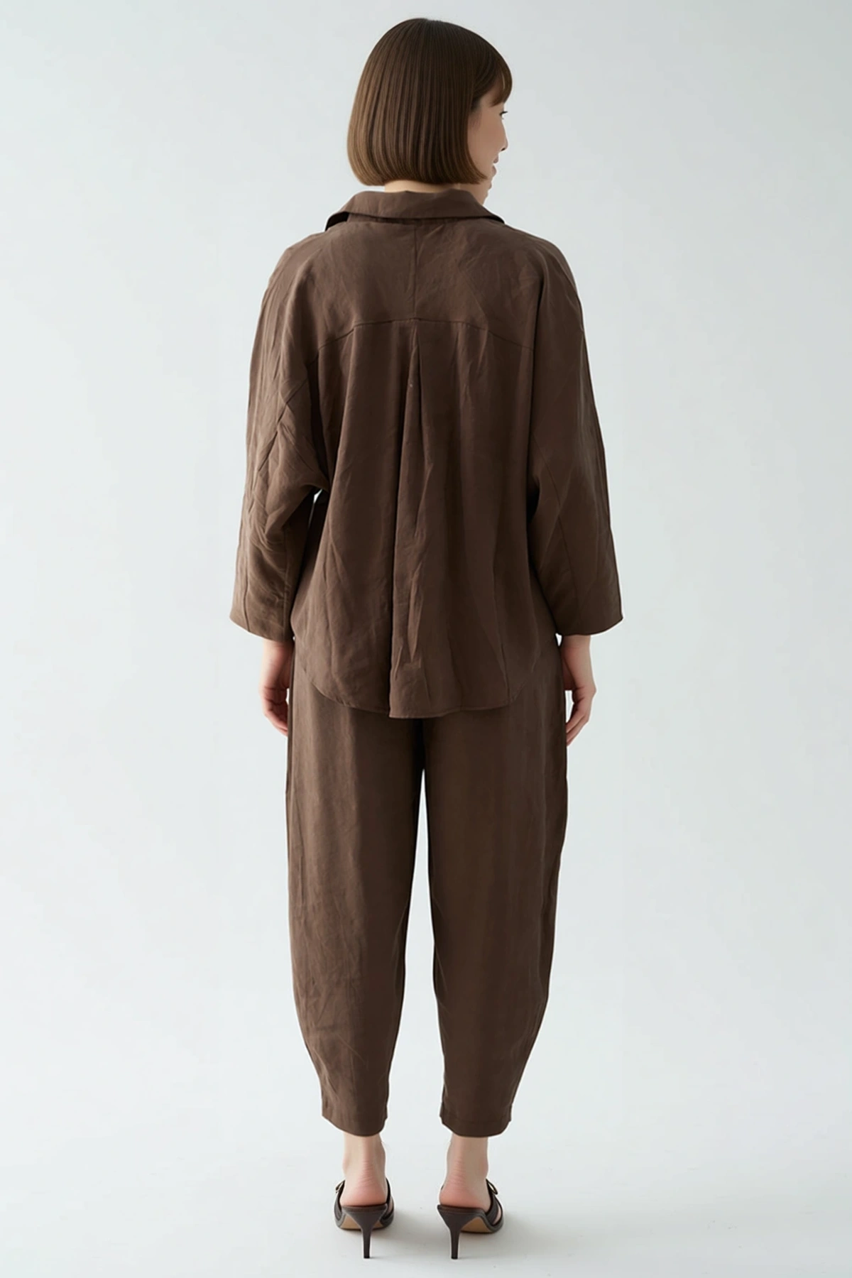 Kadın Büyük Beden Oversize Gömlek Yaka Uzun Kol Bol Paça Pantolon Takımı Rahat Kesim Günlük Modern