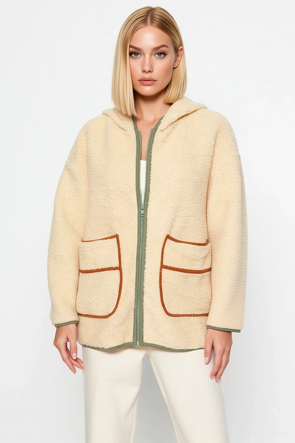 Kadın Kapüşonlu Düşük Kol Fermuarlı Peluş Sweatshirt Fonksiyonel Dayanıklı Kaliteli Modern