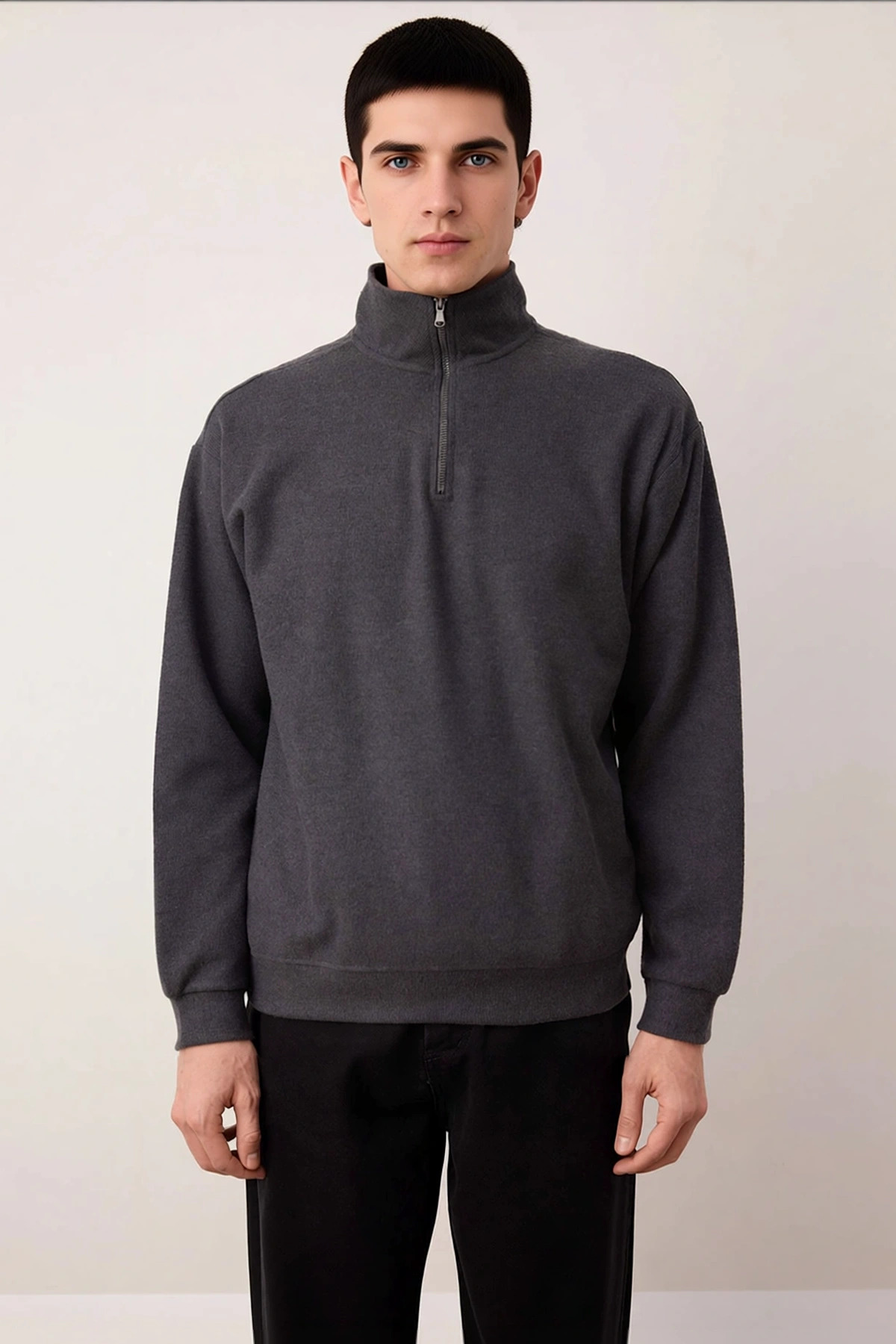 Erkek Dik Yaka Standart Kol Selanik Oversize Kalıp Sweatshirt Fonksiyonel Dayanıklı Modern
