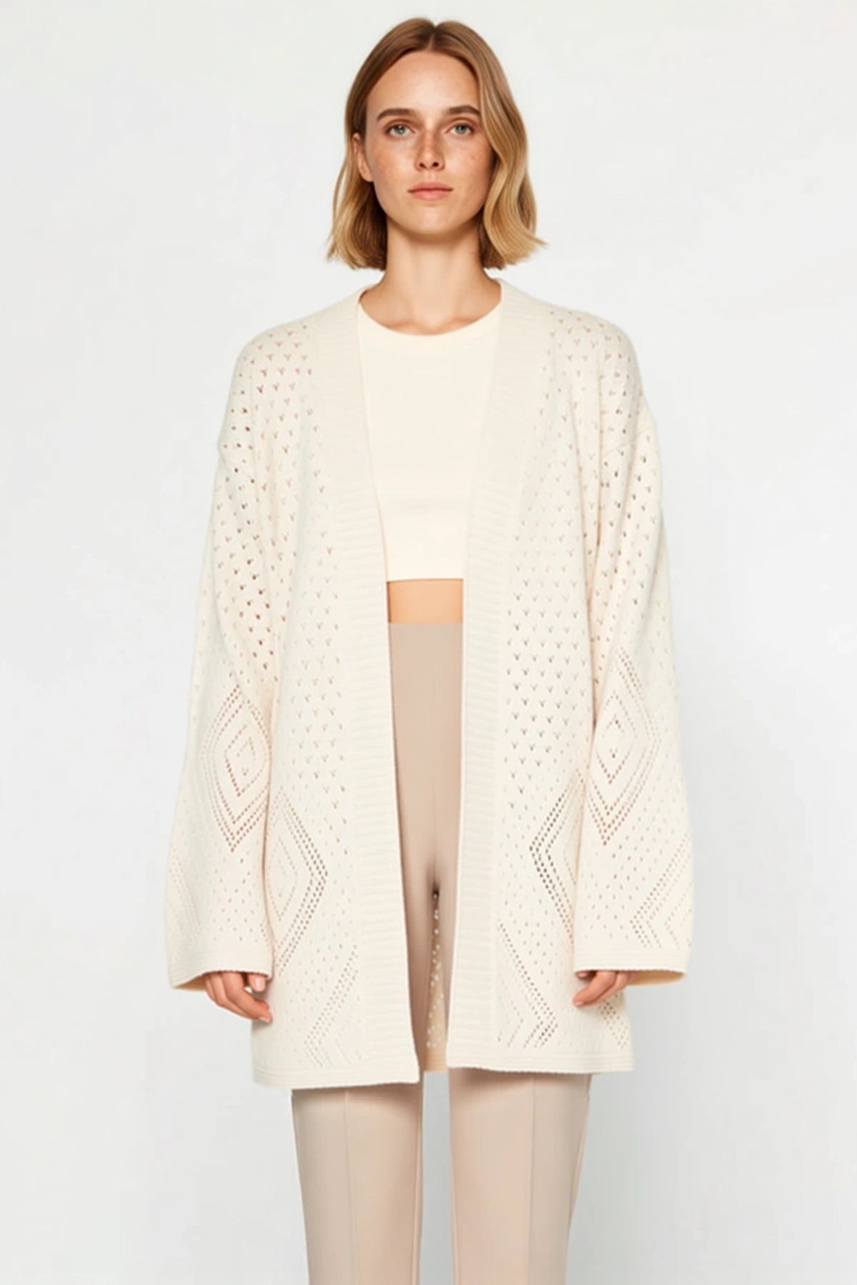 Kadın Ajurlu V Yaka Geniş Kalıp Midi Triko Hırka Fonksiyonel Dayanıklı Kaliteli Konforlu Şık