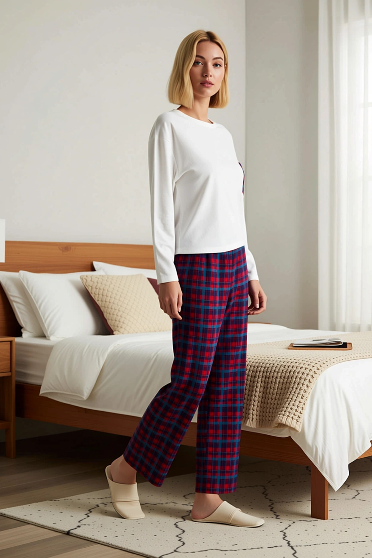 Kadın Bisiklet Yaka Uzun Kol Ekose Desenli Pijama Takımı Fonksiyonel Kaliteli