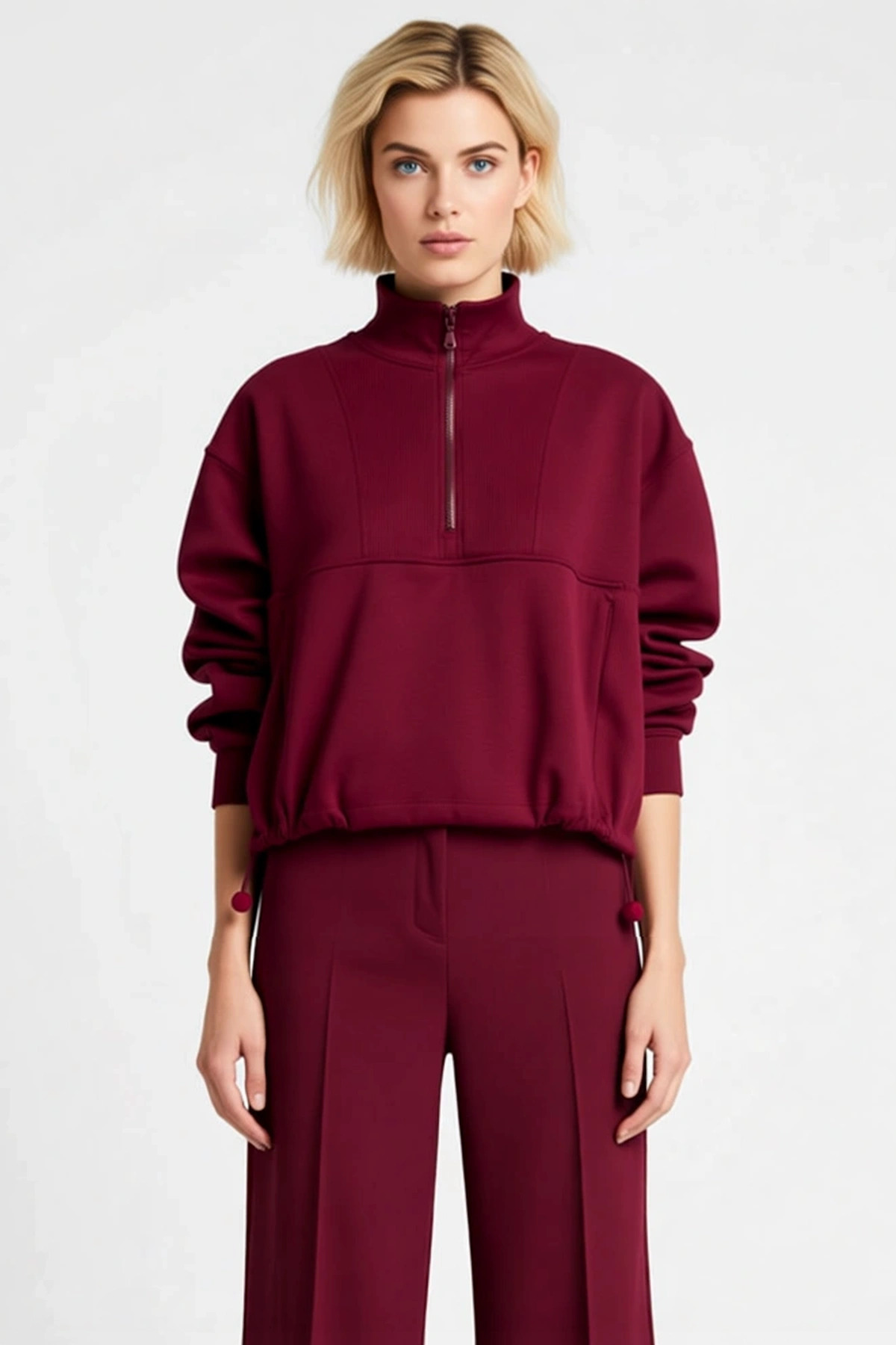 Kadın Yüksek Yaka Standart Kol Fırçalı Scuba Sweatshirt Fonksiyonel Dayanıklı Kaliteli Şık